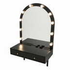 Floating Wall Mounted Makeup Vanity Desk with LED Mirror 3 Color Lights, Compact Dressing Table with Power Outlet & USB Charging, Space Saving Large Storage Vanity for Bedroom Bathroom, Black - Grand Goldman Shop