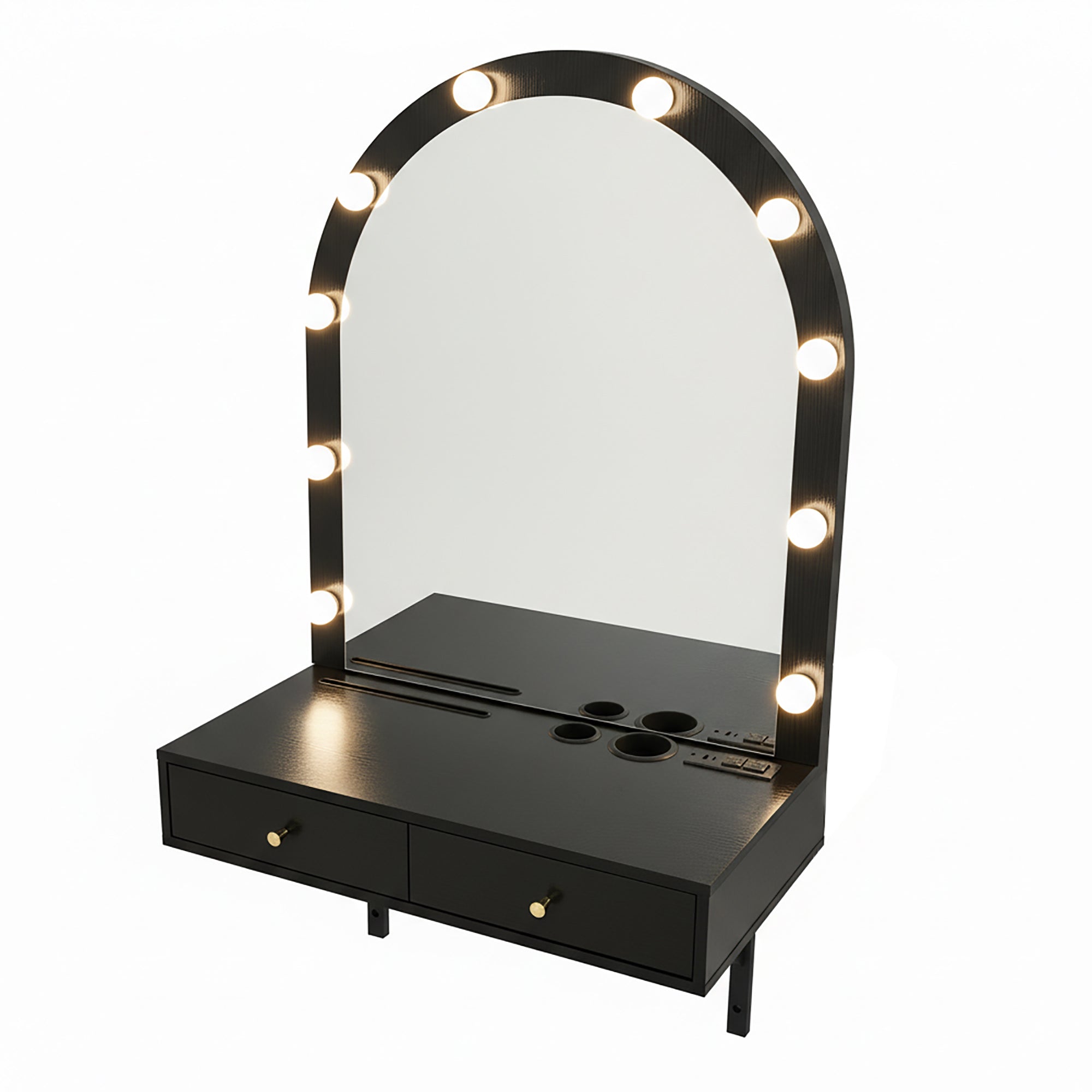 Floating Wall Mounted Makeup Vanity Desk with LED Mirror 3 Color Lights, Compact Dressing Table with Power Outlet & USB Charging, Space Saving Large Storage Vanity for Bedroom Bathroom, Black - Grand Goldman Shop
