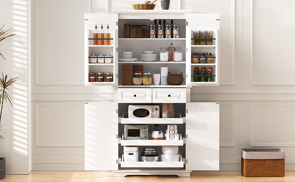 K&K 71' Tall Kitchen Pantry Cabinet with 3 Pull Out Cabinet Organizers, Farmhouse Embossed Texture Storage Cabinet with 6 Door Shelves, 2 Drawers, Freestanding Cupboard for Kitchen, Dining Room White - Grand Goldman Shop