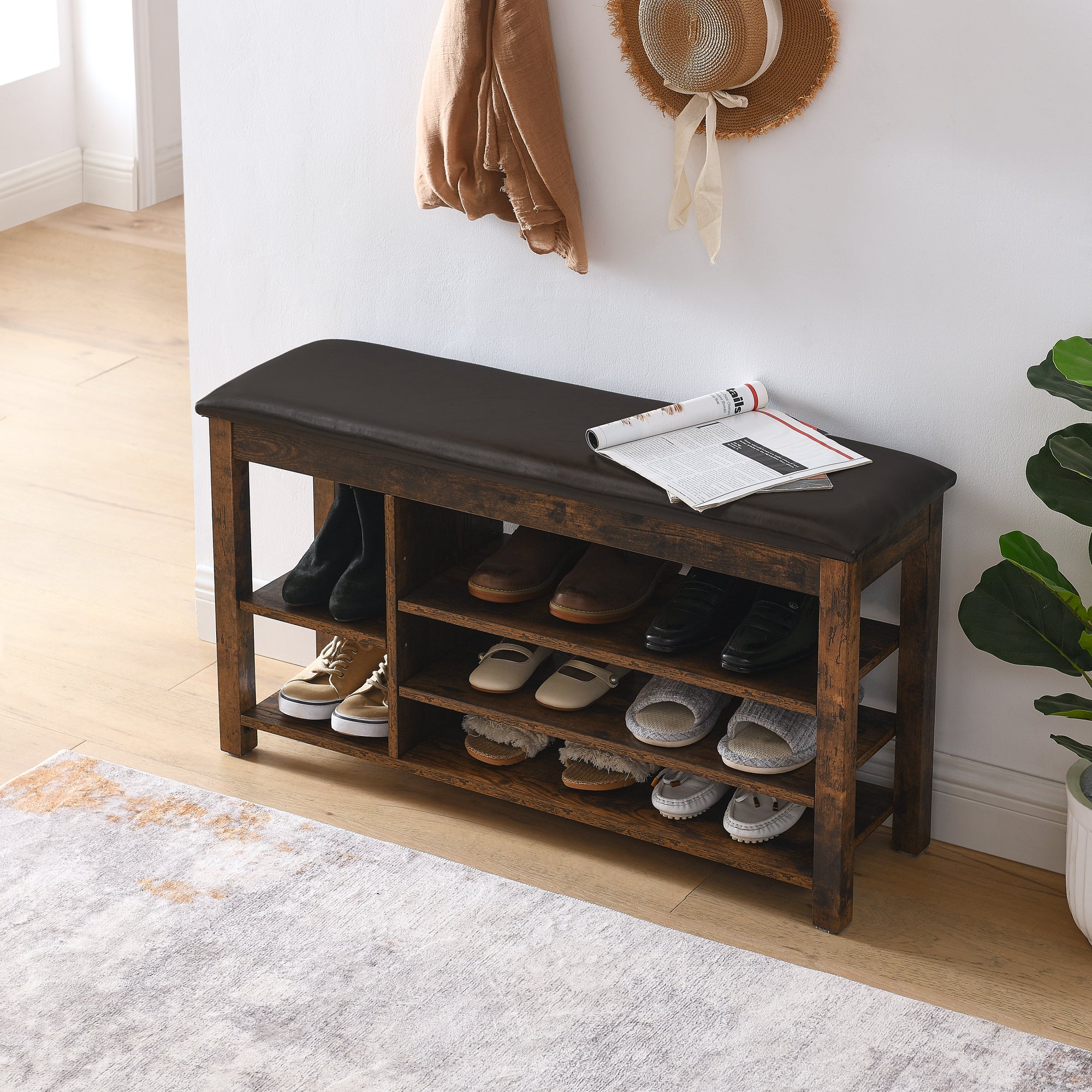 A height-adjustable long shoe-changing bench,made of natural rubberwood,comes with a comfortable seat,concealed storage space and large storage compartments, featuring charcoal-grained wood ,Vintage - Grand Goldman Shop