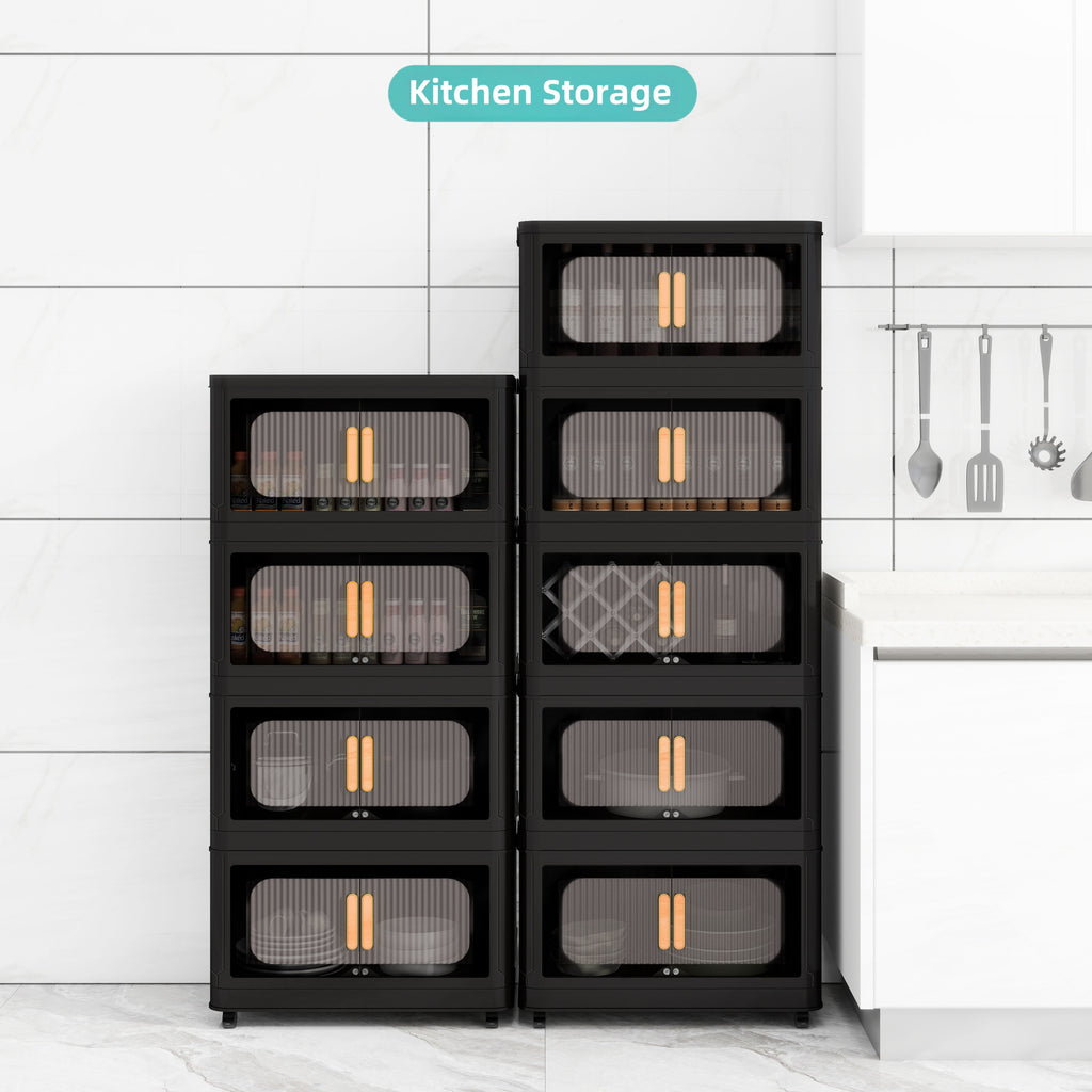 Black,20' Side Wide Folding Storage Cabinet ,4 Tiers,19.69'×11.81'×40.55',Collapsible Storage Bins with Magnetic Door, Plastic Storage Cabinet with Wheels - Grand Goldman Shop