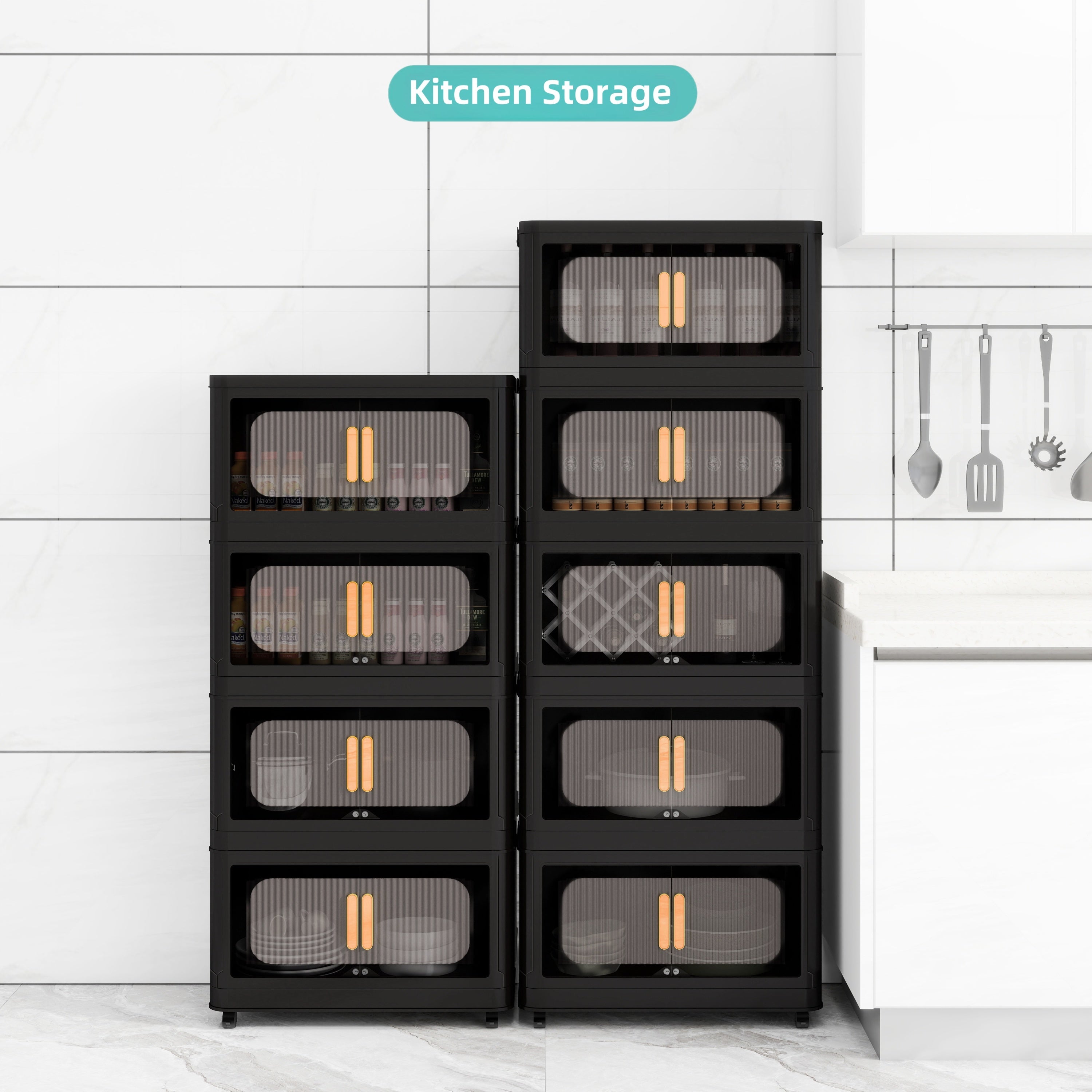 Black, 20' Side Wide Folding Storage Cabinet ,3 Tiers,19.69'×11.81'×31.10',Collapsible Storage Bins with Magnetic Door, Plastic Storage Cabinet with Wheels - Grand Goldman Shop