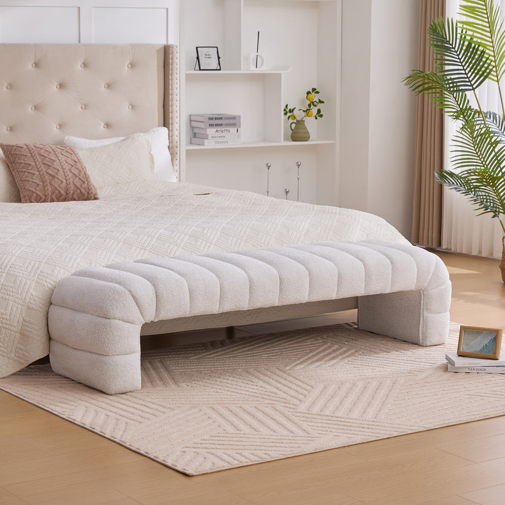 Modern Upholstered Armless Bed Bench, Channel Tufted Couch Daybed Chaise, Ivory Chenille, 69.7' Wide - Grand Goldman Shop