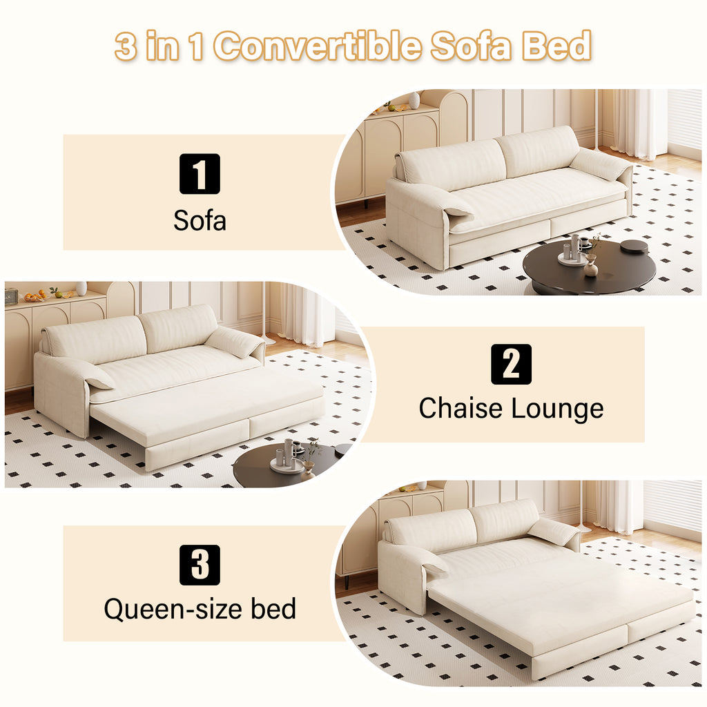 66' Queen Pull Out Sofa Bed, 3-in-1 Convertible Sleeper Sofa with Side Storage,Multi-Functional Velvet Loveseat Bed for Living Room - Grand Goldman Shop