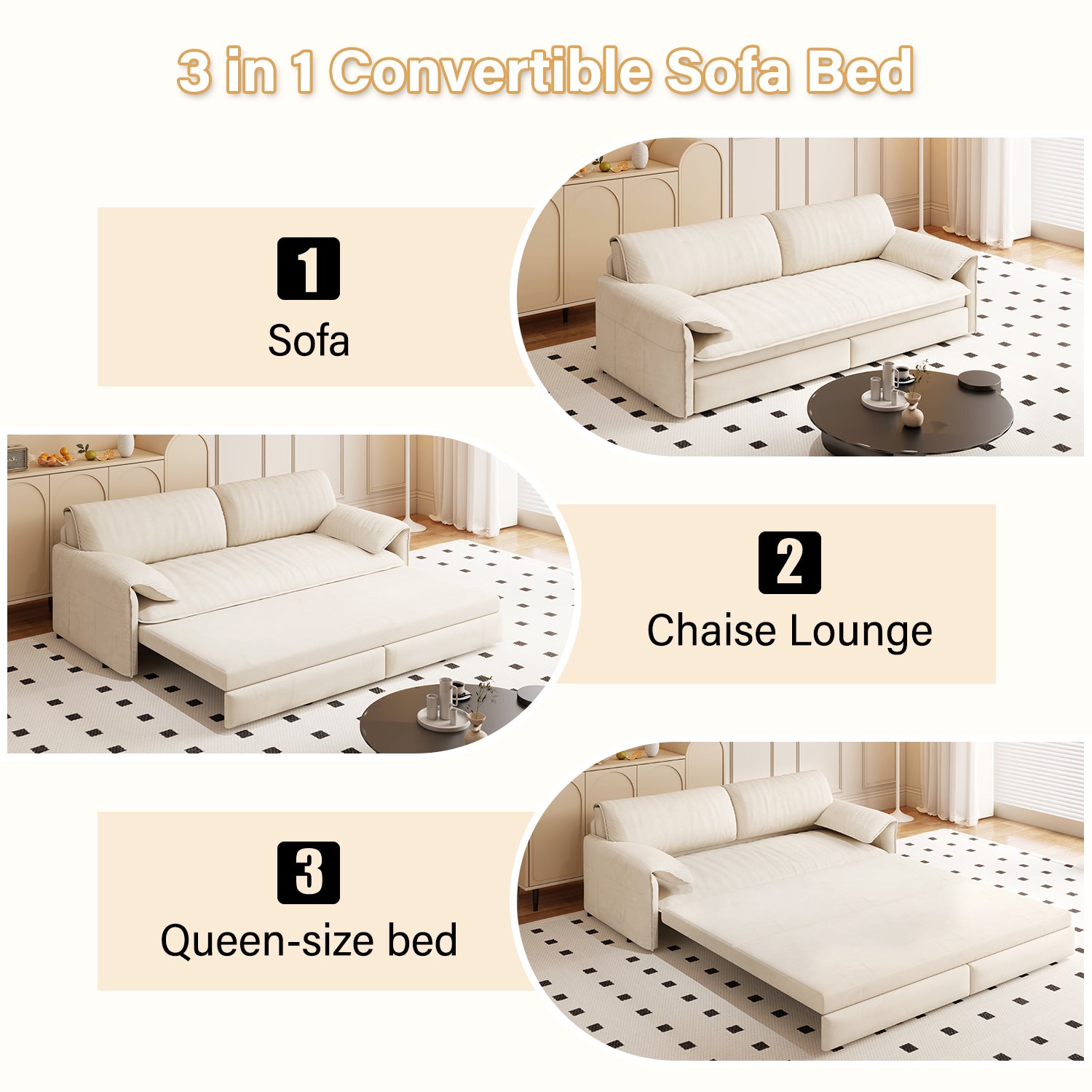 66' Queen Pull Out Sofa Bed, 3-in-1 Convertible Sleeper Sofa with Side Storage,Multi-Functional Velvet Loveseat Bed for Living Room - Grand Goldman Shop