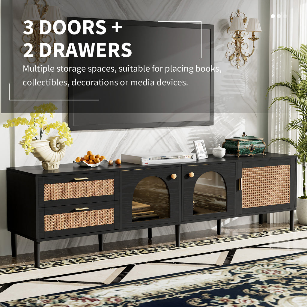 Black Rattan-inspired TV Stand with 3 Cabinets & 2 Drawers, MDF and Solid Wood Media Console for TVs up to 80'', Modern Living Room Entertainment Center - Grand Goldman Shop