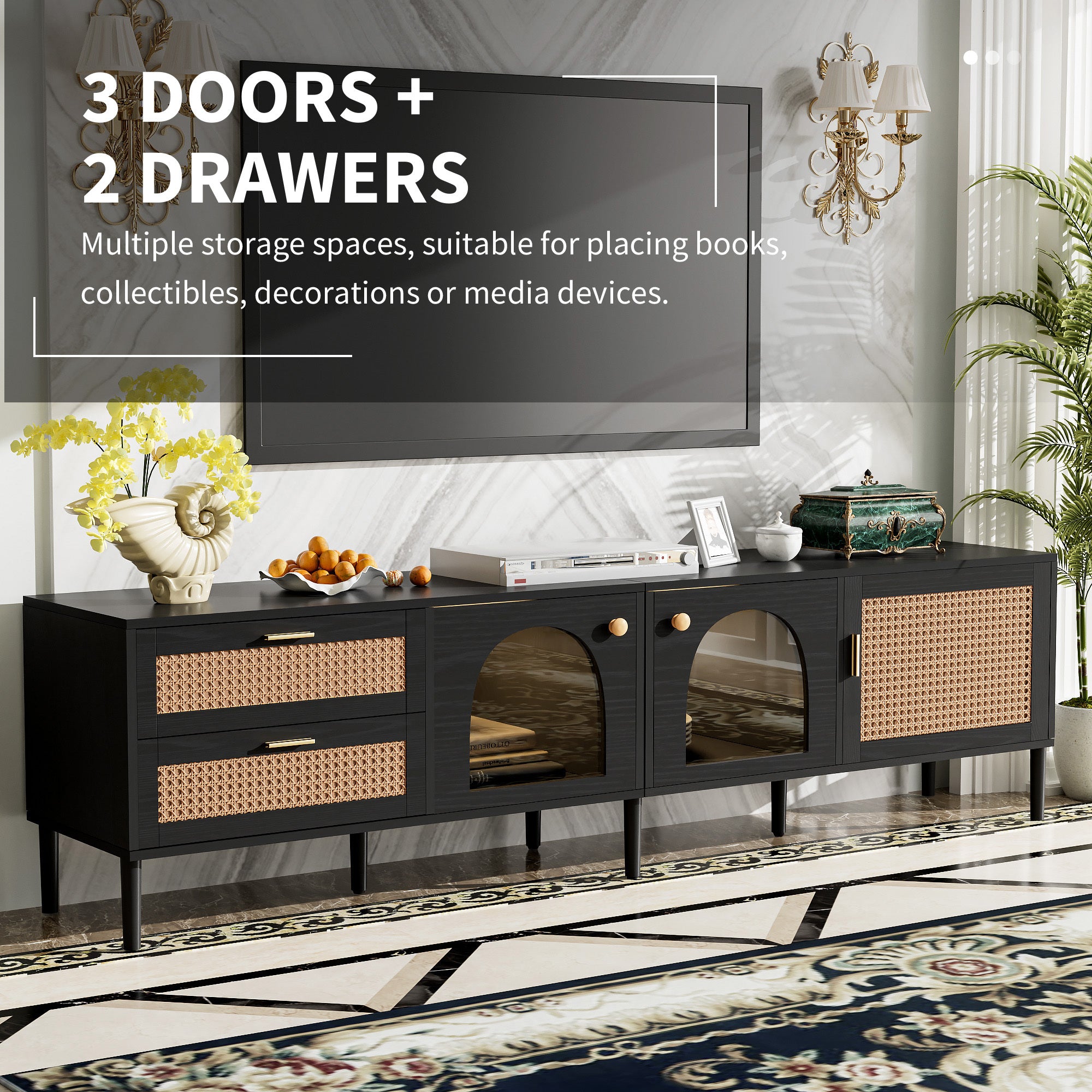 Black Rattan-inspired TV Stand with 3 Cabinets & 2 Drawers, MDF and Solid Wood Media Console for TVs up to 80'', Modern Living Room Entertainment Center - Grand Goldman Shop