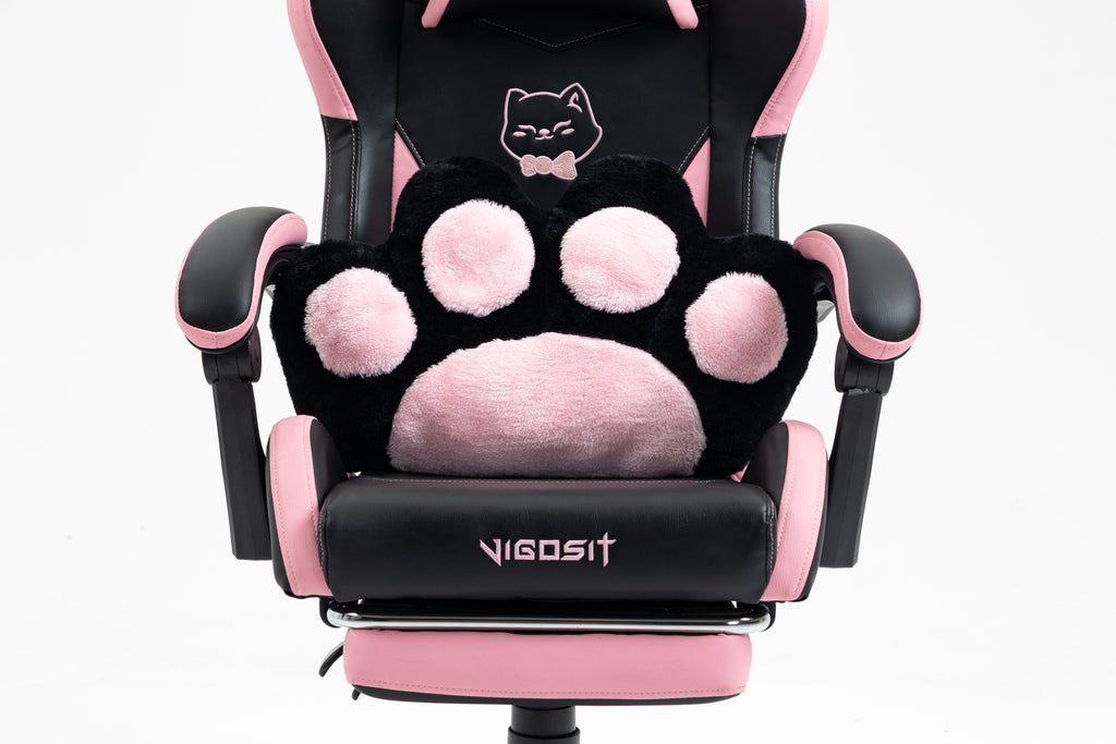 Cute Cat Gaming Chair with Paw Lumbar Cushion, PC Video Gamer Chair for Girl Teen Woman (Black) | Premium Home Decor - Grand 