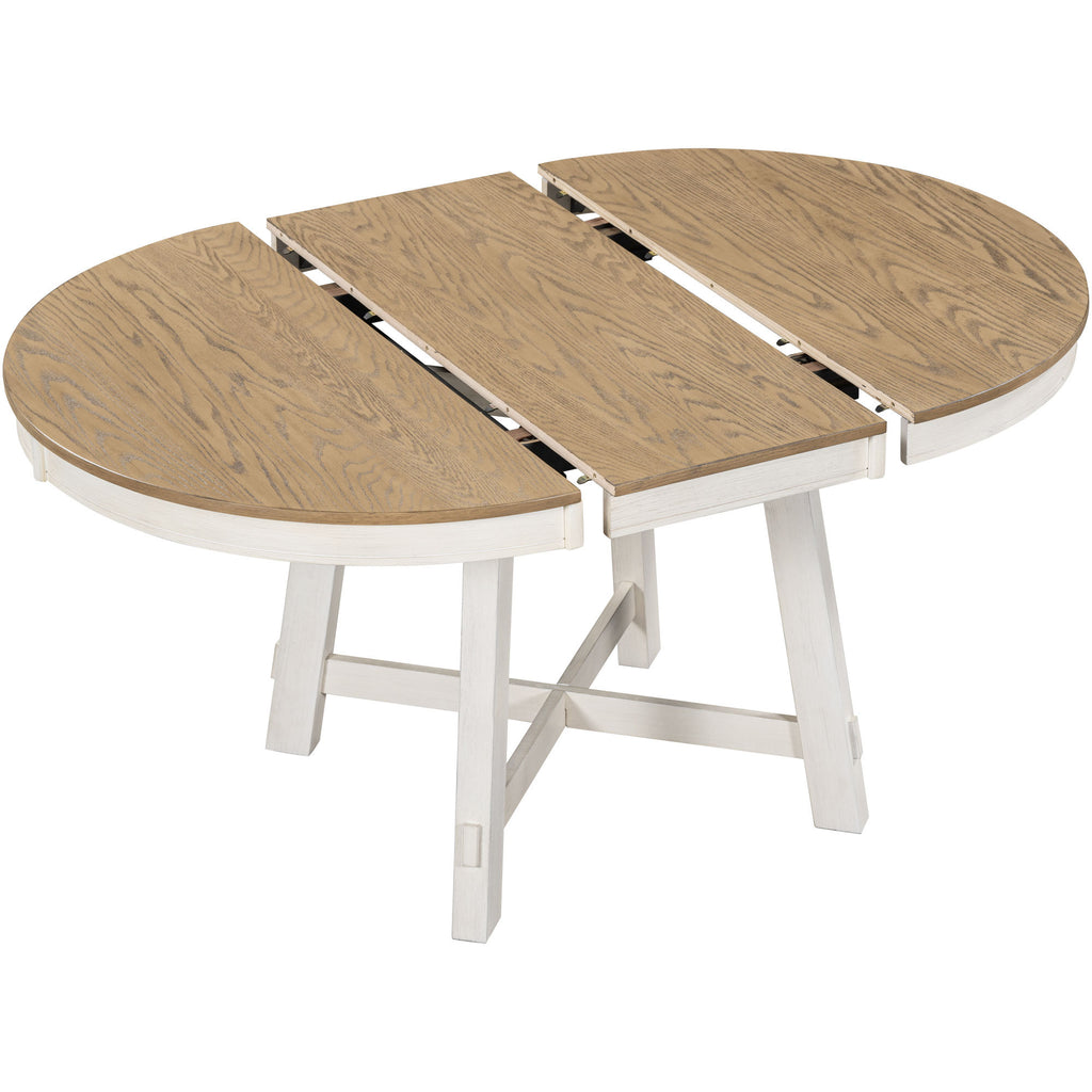 TREXM Farmhouse Round Extendable Dining Table with 16' Leaf Wood Kitchen Table (Oak Natural Wood + Antique White) - Grand Goldman Shop