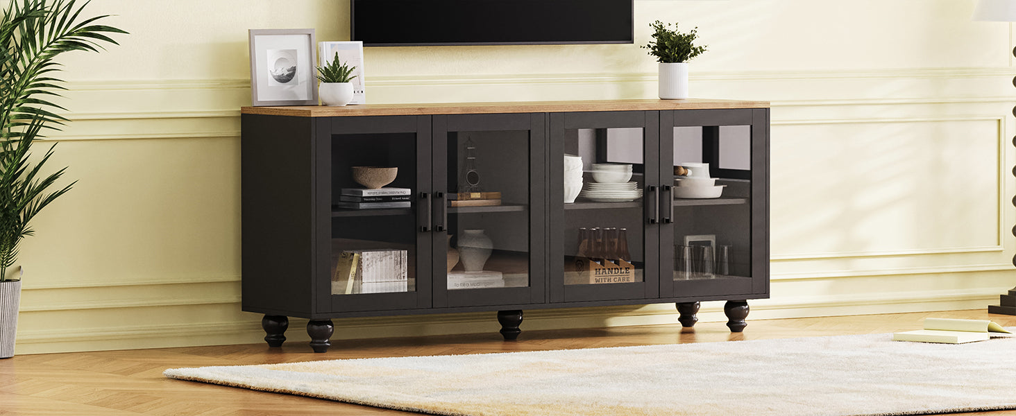 ON-TREND Farmhouse TV Stand with Tempered Glass Doors for TVs Up to 70', Versatile Sideboard with Adjustable Shelves, Elegant Buffet Cabinet with 5 Solid Wood Gourd-Shaped Legs for Living Room, Black - Grand Goldman Shop