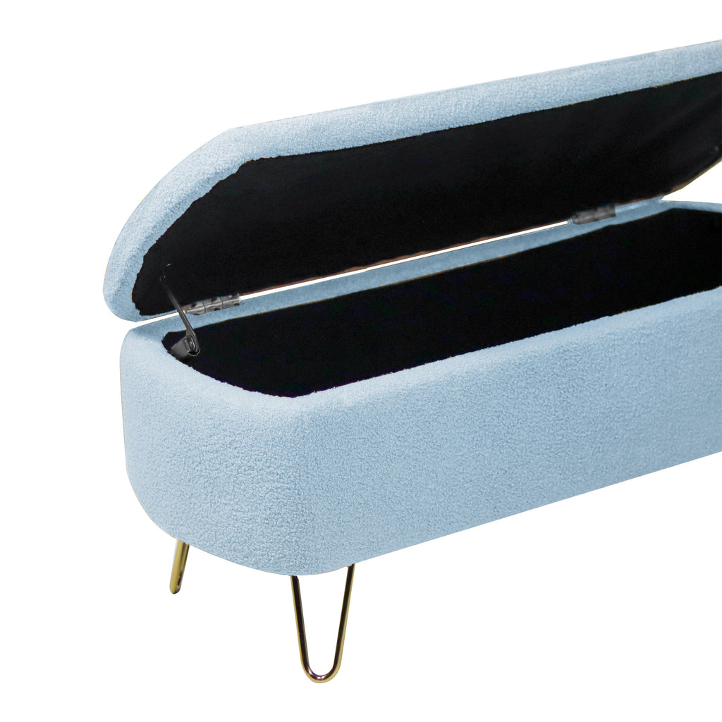 Blue Storage Ottoman Bench for End of Bed Gold Legs, Modern Grey Faux Fur Entryway Bench Upholstered Padded with Storage for Living Room Bedroom - Grand Goldman Shop