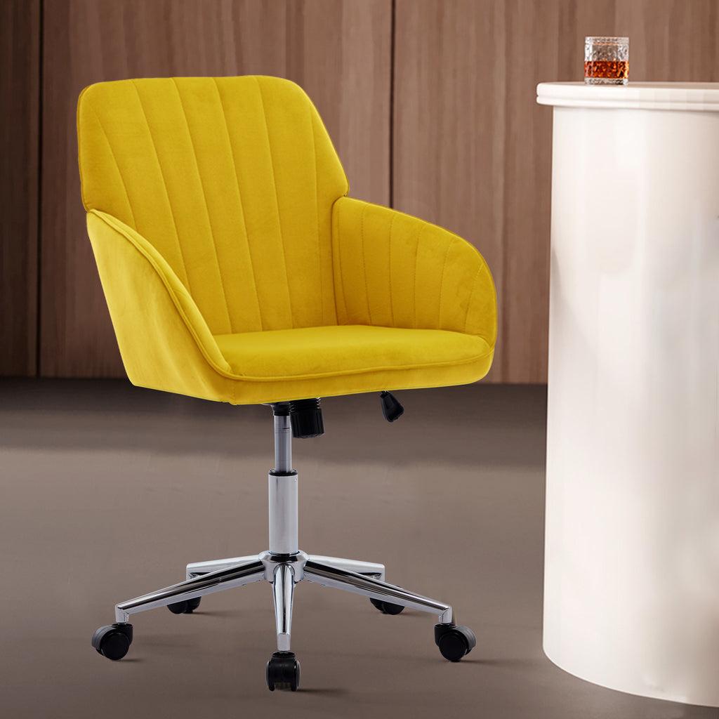 TY Modern Office Chair with Gold Base, Bright Yellow Velvet Upholstery, Wide Backrest and Adjustable Height for Home or Offic