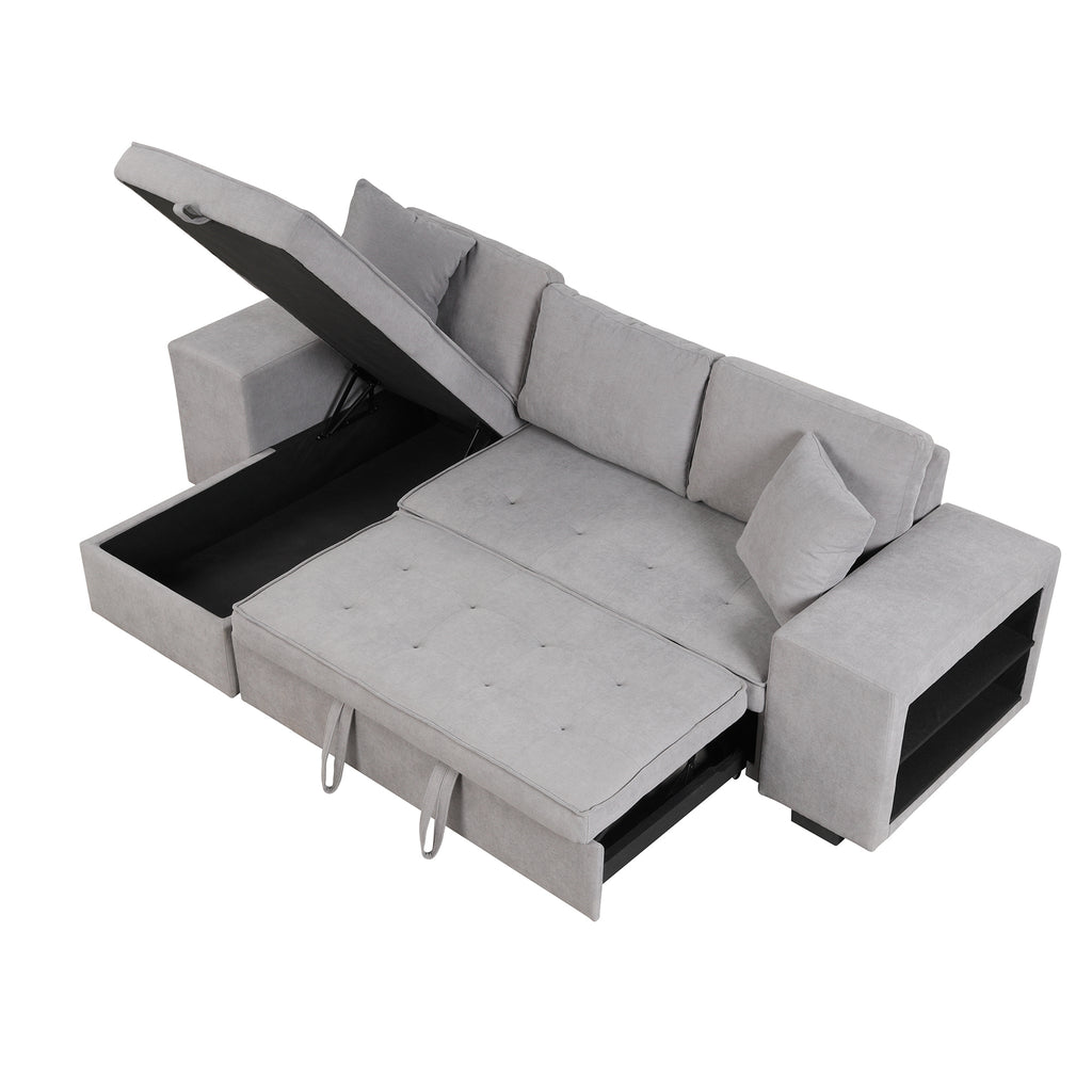 Modern Reversible L-Shape Pull Out Sleeper Sofa with Storage Chaise and Stools, Gray Linen, 104.5' - Grand Goldman Shop