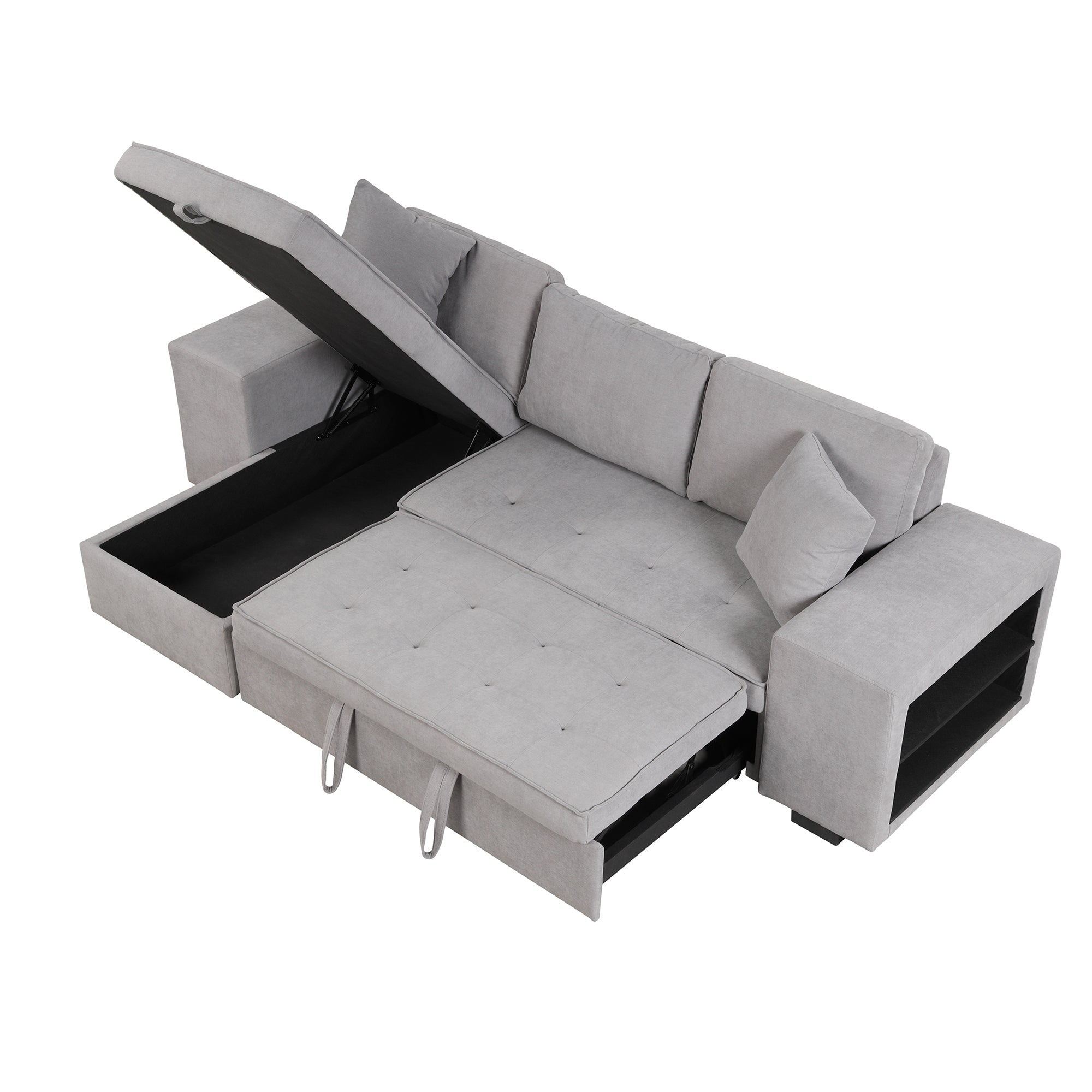 Modern Reversible L-Shape Pull Out Sleeper Sofa with Storage Chaise and Stools, Gray Linen, 104.5' - Grand Goldman Shop