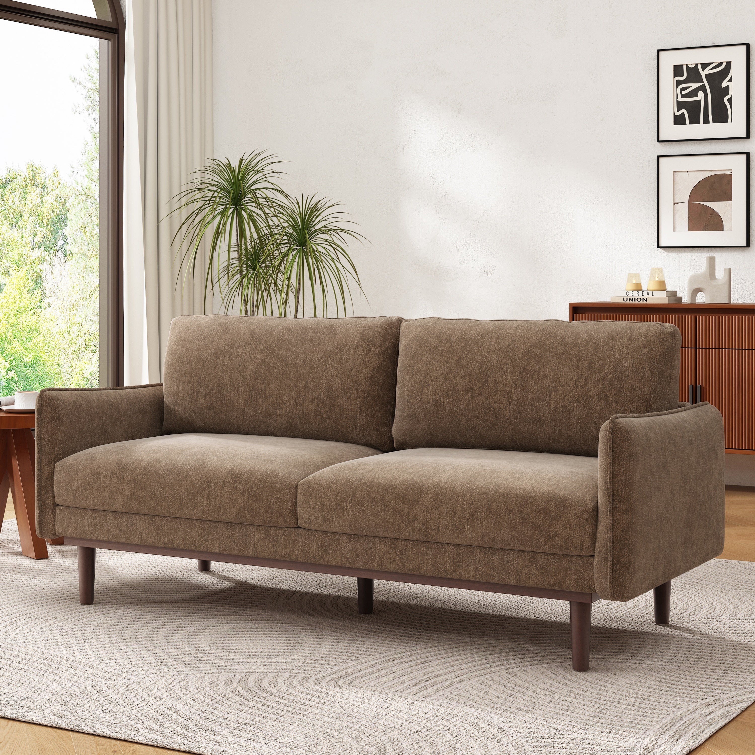 Modern Style Loveseat Sofa 75.75' with Spacious Seating, Brown Chenille Upholstery, Rubber Wood Legs, 2-Seater Couch - Grand Goldman Shop