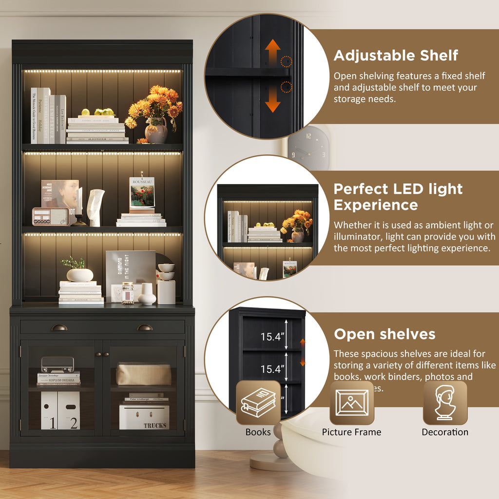 83.4'Tall Bookshelf Suite with LED Lighting, Modern Bookcases with Glass Doors and Drawers,2-Piece Set Storage Bookcase Suite