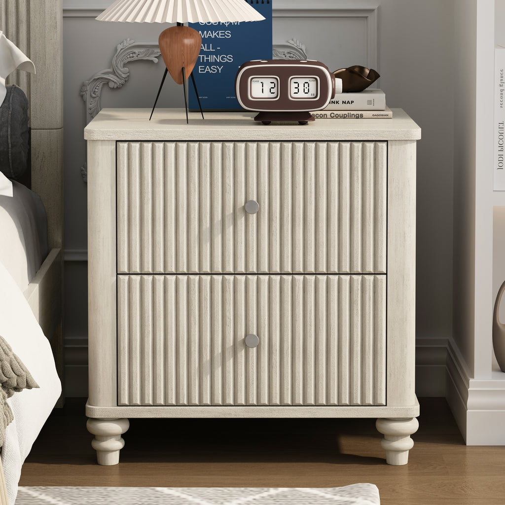 Fluted Nightstand, 21.65' Wide Side Table with 3 Drawers, Mid Century Modern Wood NightStand with Metal Handle, Wooden Bedside End Table for Bedroom, Living Room, Closet, Beige - Grand Goldman Shop