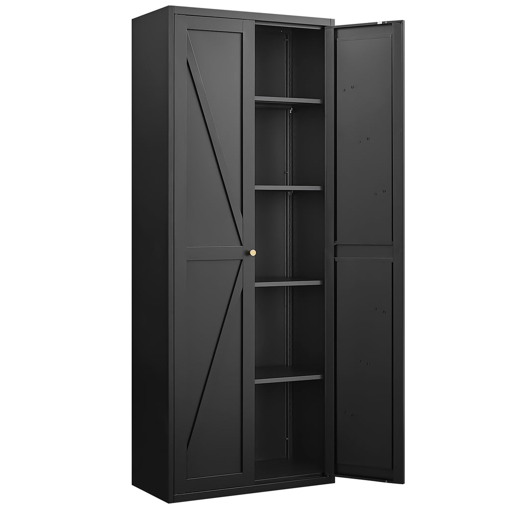 Black Metal Kitchen Pantry Cabinet with Adjustable Shelves and Gold Handles, Tall Steel Storage Locker for Kitchen, Living Ro