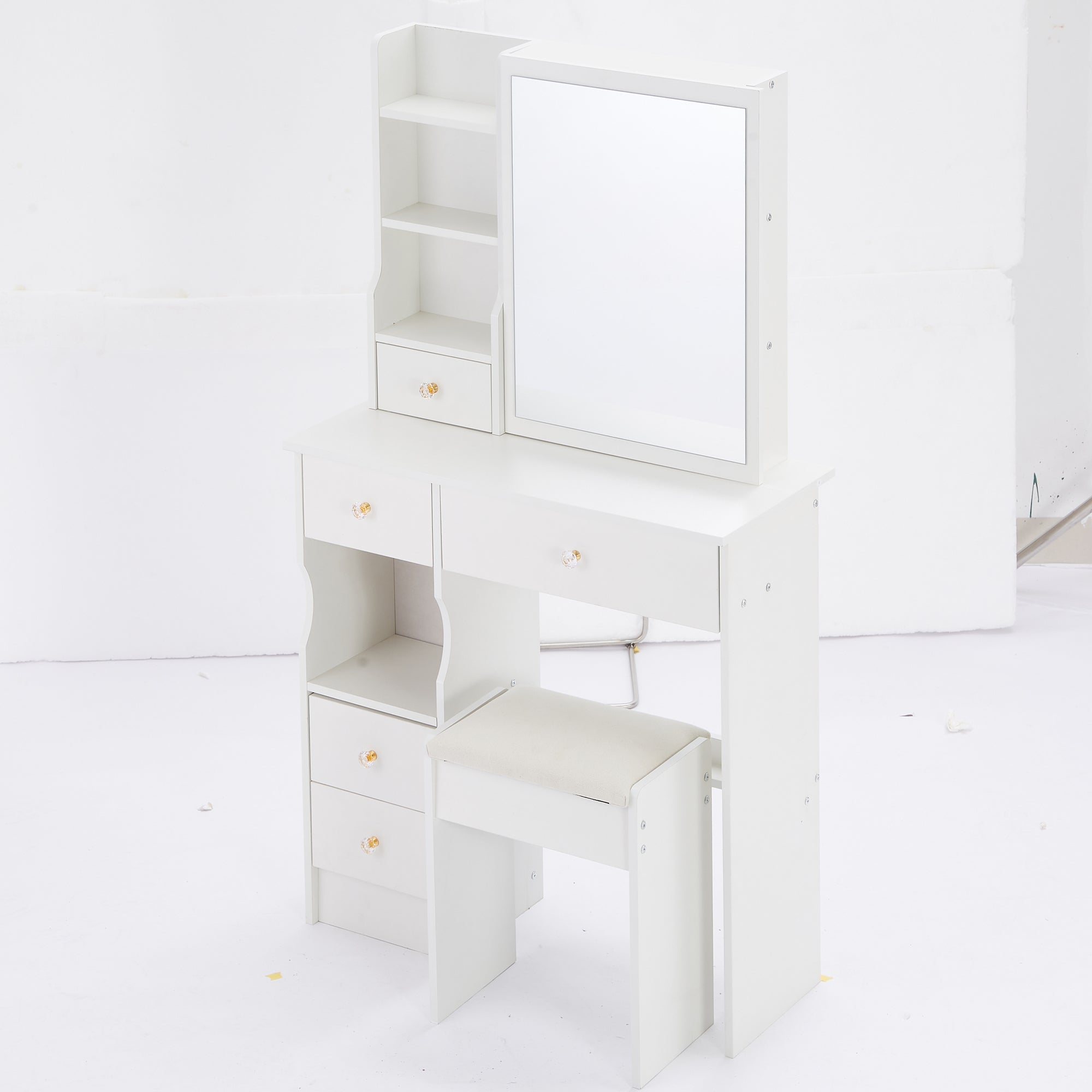 29.2' Small Space Left Drawer Desktop Vanity Table + Cushioned Stool, Extra Large Right sliding mirror, Multi Layer High Capacity Storage, Practical Fashionable Dresser, Suitable For Small Space - Grand Goldman Shop
