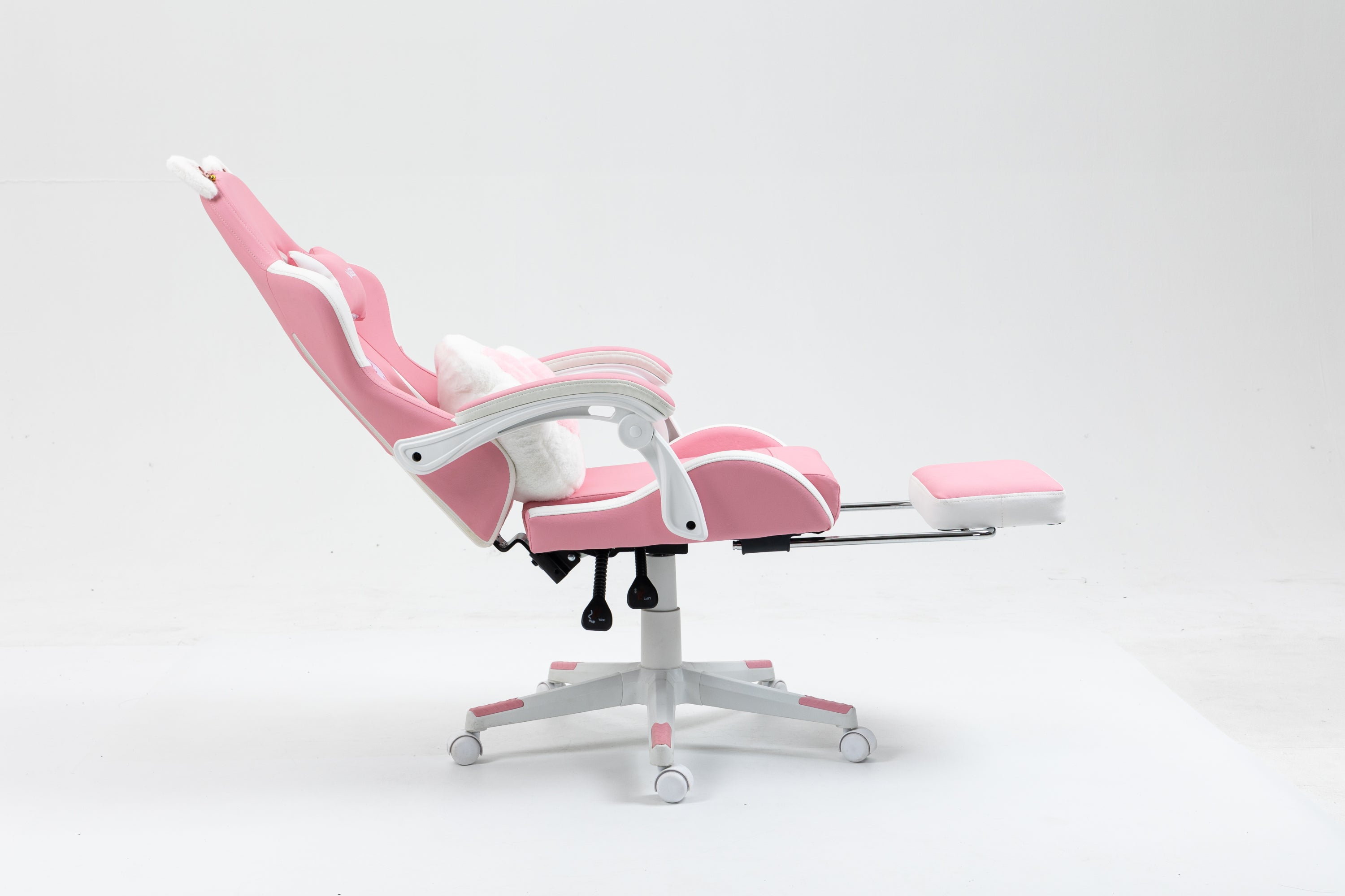 Cat Ears Pink Gaming Chair - Pink PU Leather Ergonomic Reclining Office Chair with Footrest, 310lb Capacity, 6-Position Recli