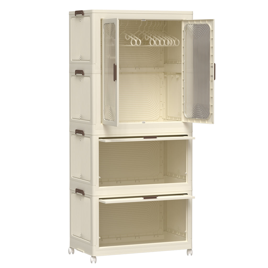 Portable Wardrobe Closet Storage Organizer with Magnetic Doors and Hanging Rod, Cream White - Grand Goldman Shop