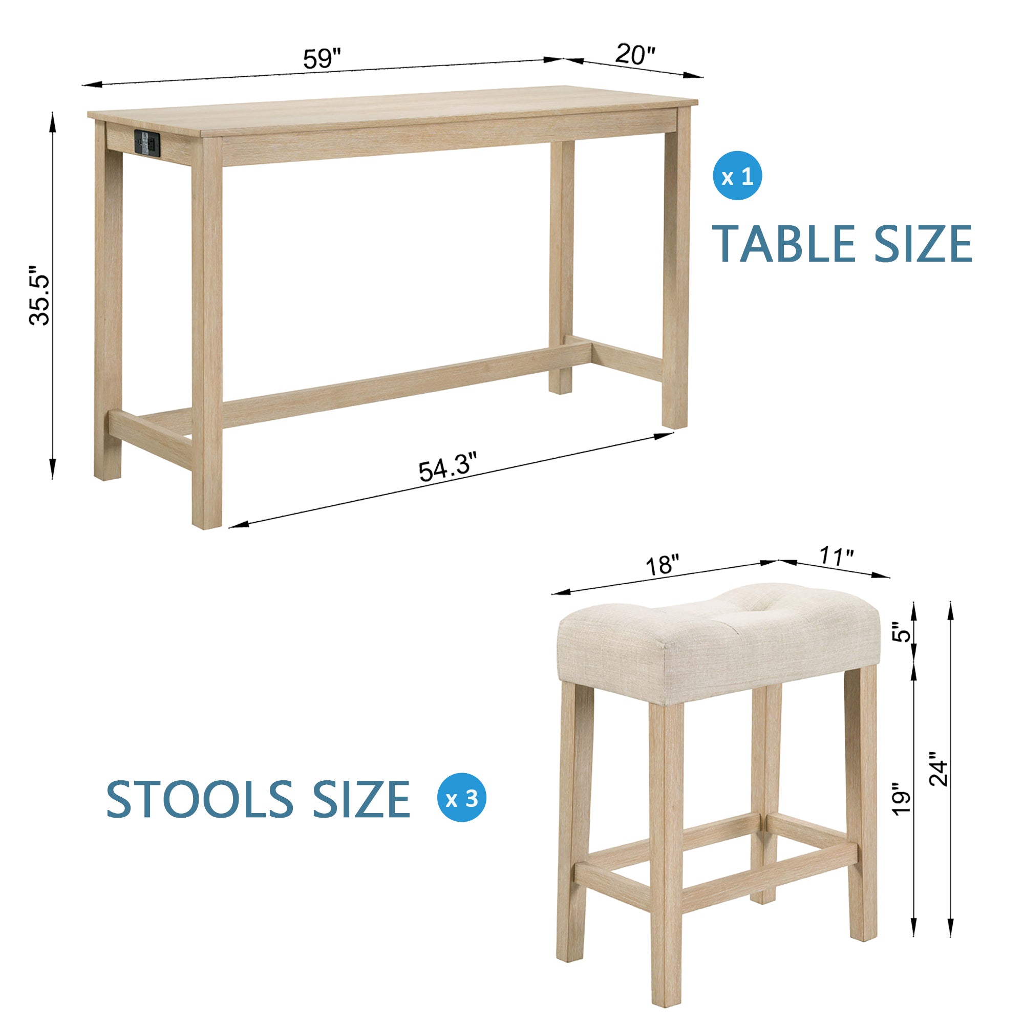 4 Piece Bar Table Set with Power Outlet, Bar Table Set with Chairs, Sofa Bar Table with Stools, Behind Couch Table with 3 Padded Stools for Living Room, Dining room, Light Oak - Grand Goldman Shop