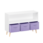 Kids Bookcase with Collapsible Fabric Drawers, Children's Book Display Organizer in White and Purple, MDF with Pine Legs - Gr