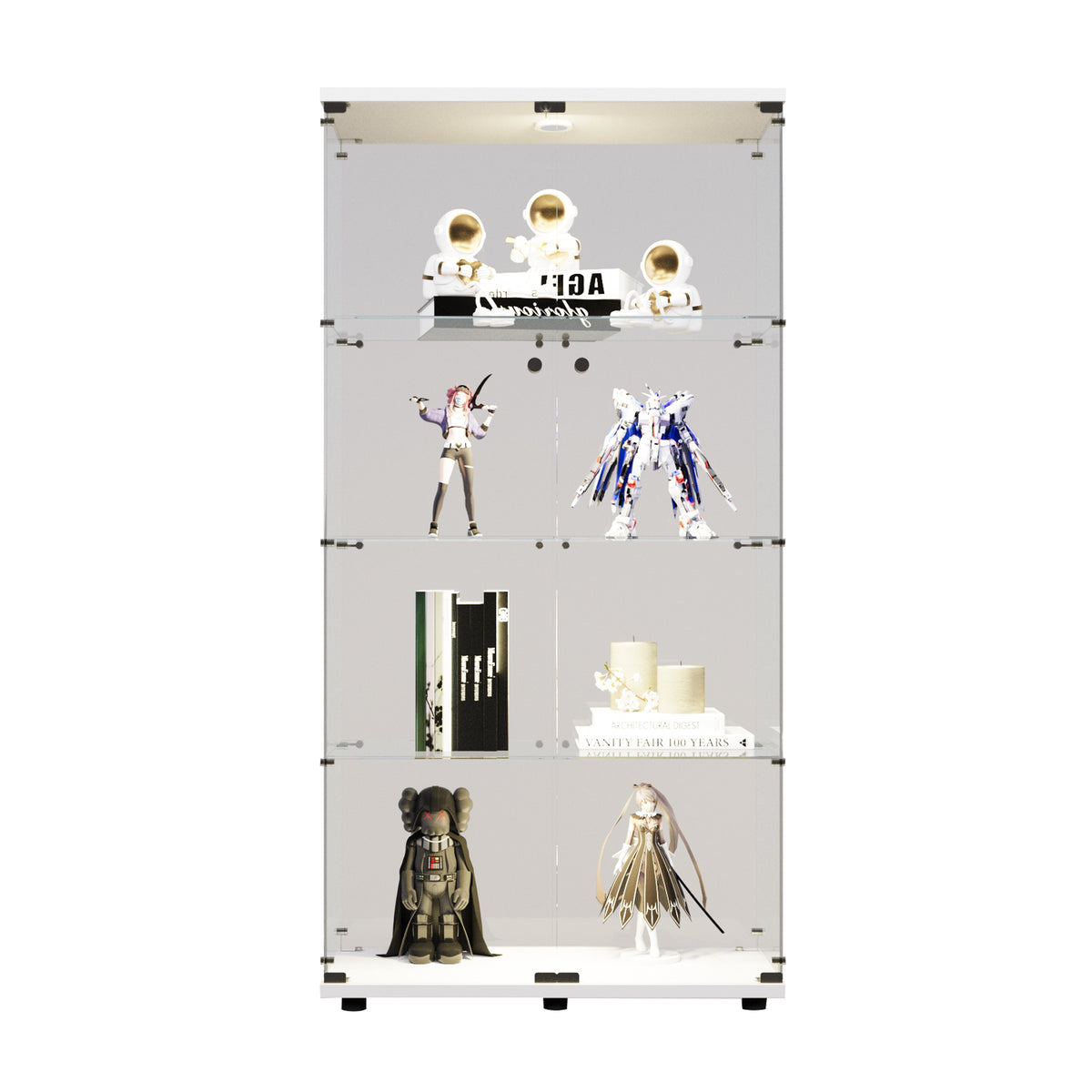 Two-door LED lights  Glass Display Cabinet 4 Shelves with Door, Floor Standing Curio Bookshelf for Living Room Bedroom Office