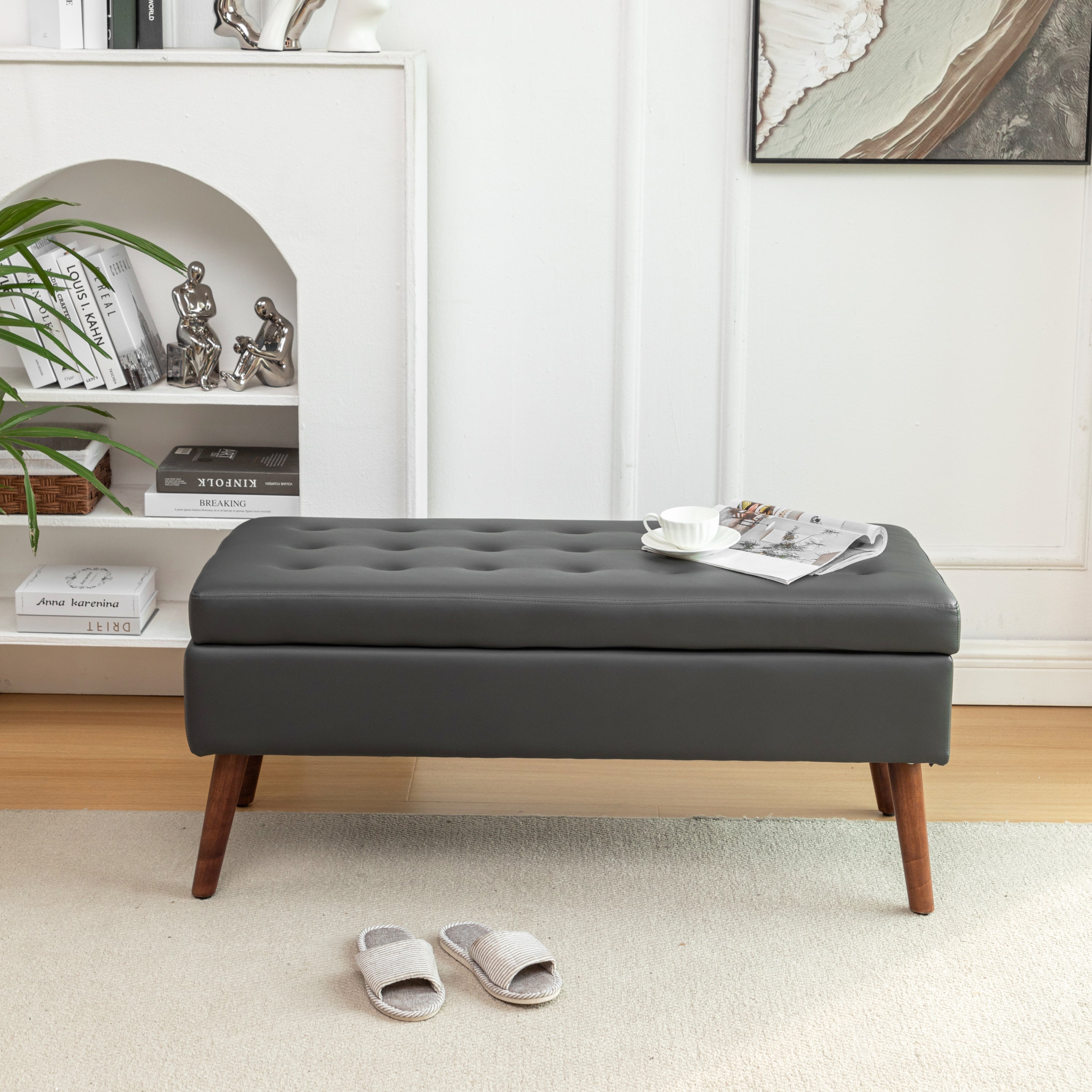 Storage Bench with Storage Bench for Bedroom End of Bed Bench Foot of Bed Bench Entryway Bench Storage Ottoman Bench 43.3' W x 17.7' Dark Grey Leather Bench - Grand Goldman Shop