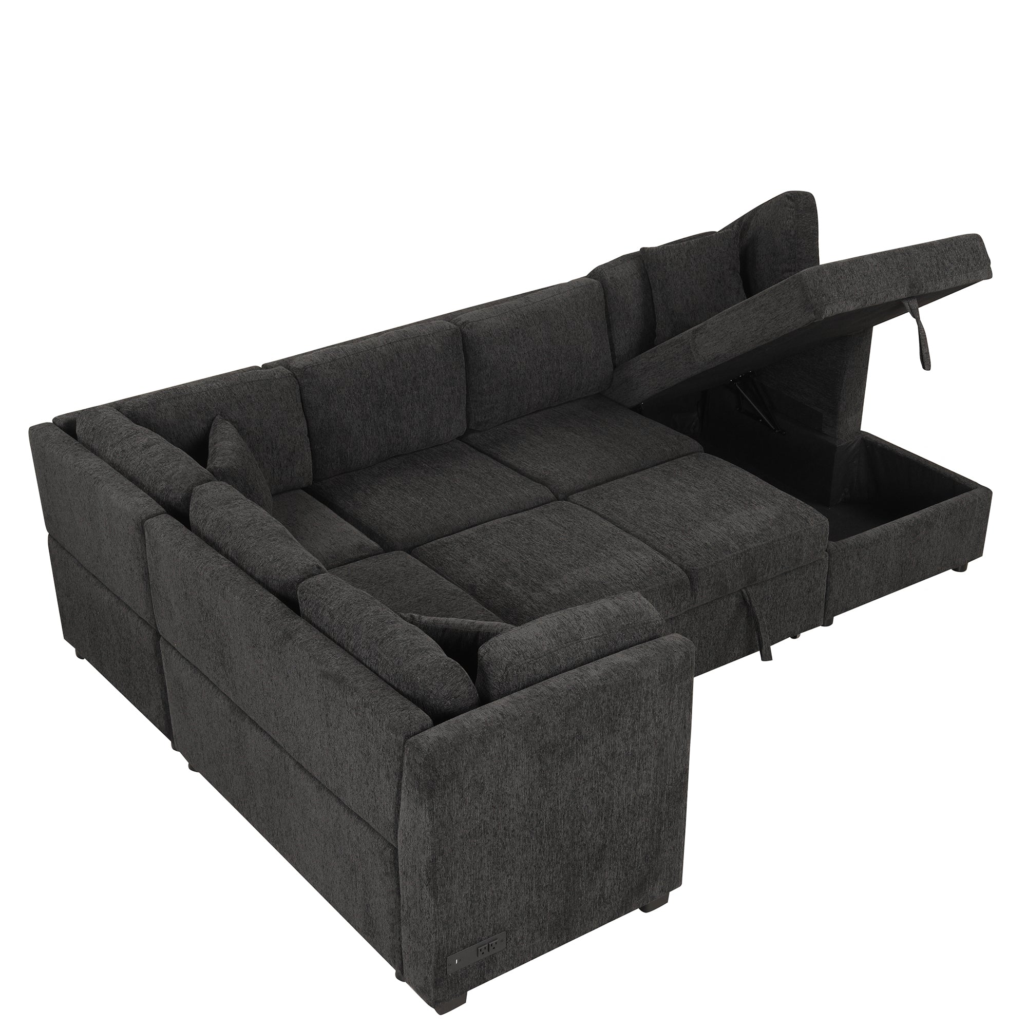 U-shaped Sectional Sofa Pull Out Bed with USB Ports, Power Sockets, Back Pillows & Storage Chaise, Black Chenille, 108.6' - Grand Goldman Shop