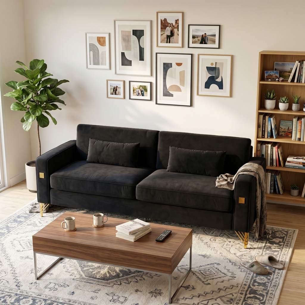 FX-P18-BK(sofa)Luxury Velvet Sofa with Gold Accents - Modern 3-Seat Couch with Plush Cushions, Perfect for Living Room and Office Decor - Grand Goldman Shop