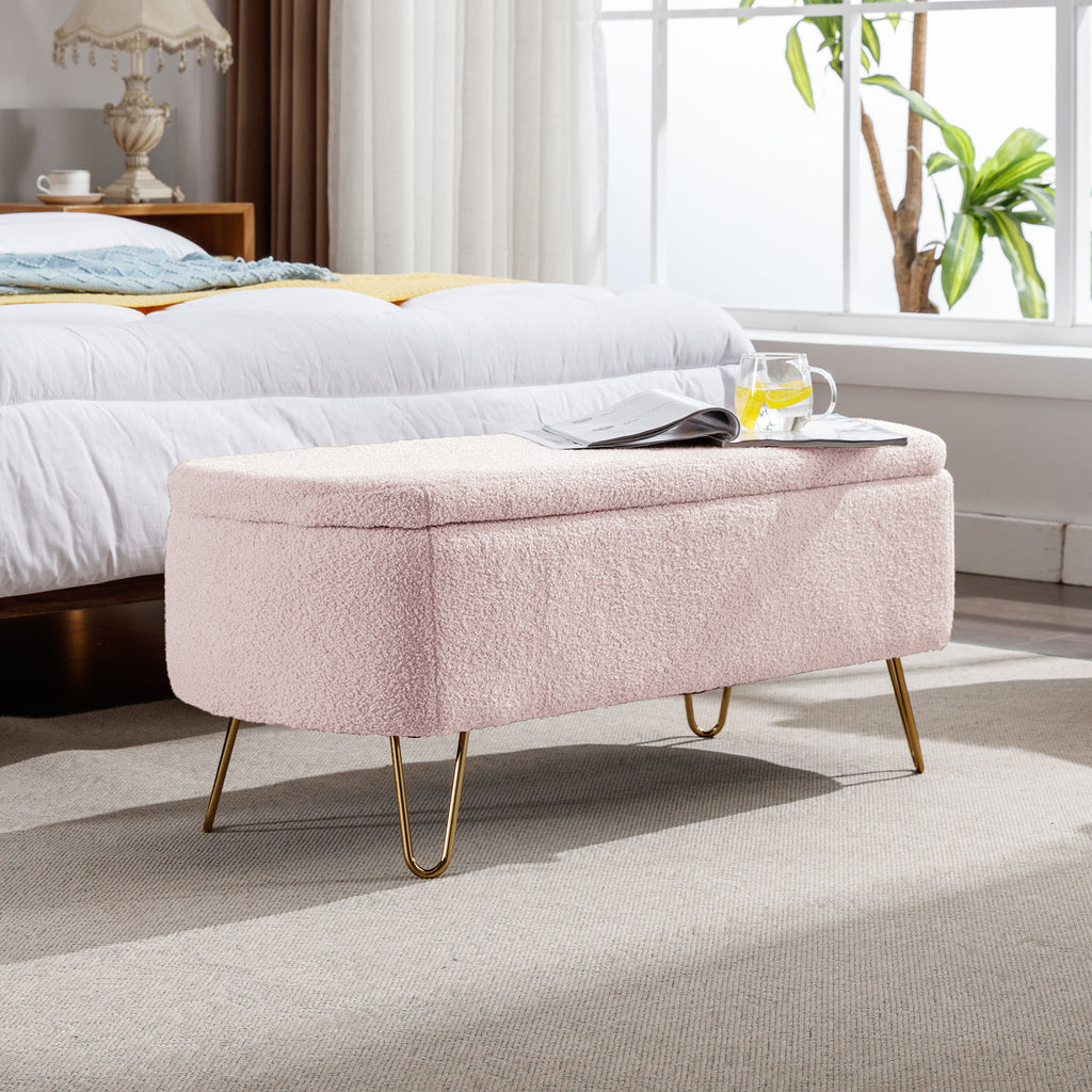 Pink Storage Ottoman Bench for End of Bed Gold Legs, Modern Grey Faux Fur Entryway Bench Upholstered Padded with Storage for Living Room Bedroom - Grand Goldman Shop