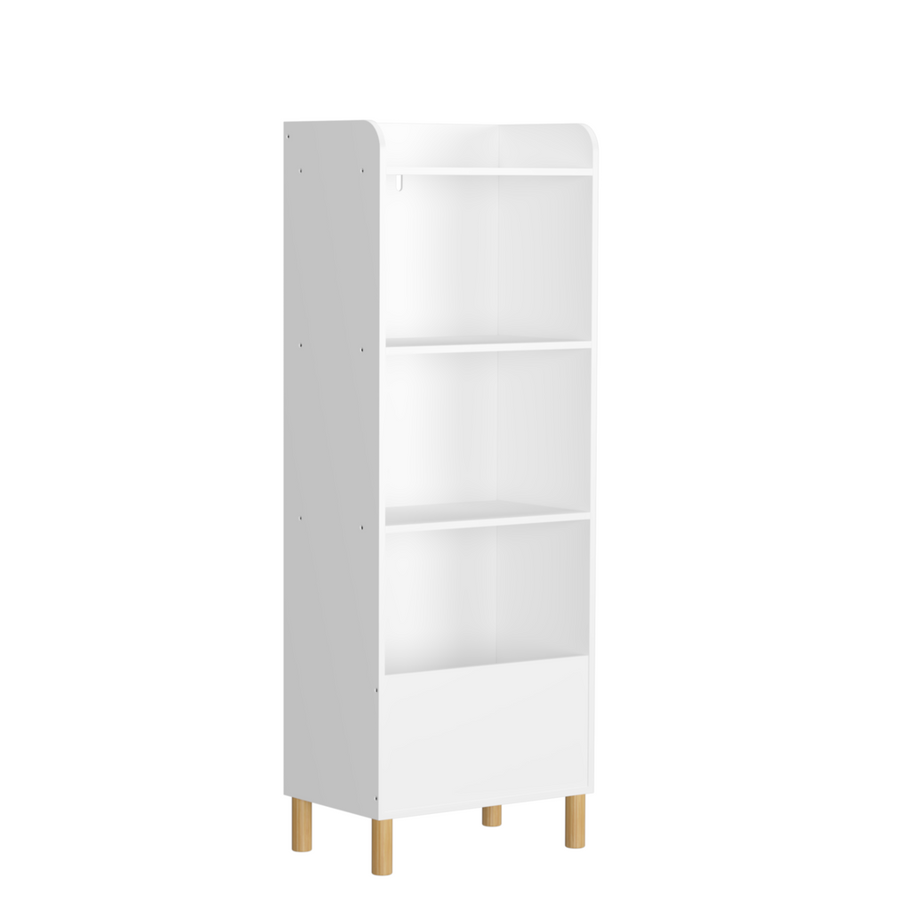 Kids 4-Tier Bookcase, Children's Book Display with Safety Restraint, White MDF & Pine Wood Storage Cabinet for Nursery, Playr