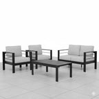 Modern 4-Piece Aluminum Patio Conversation Set with Light Gray Cushions, Black Frame, and Wood-Look Coffee Table