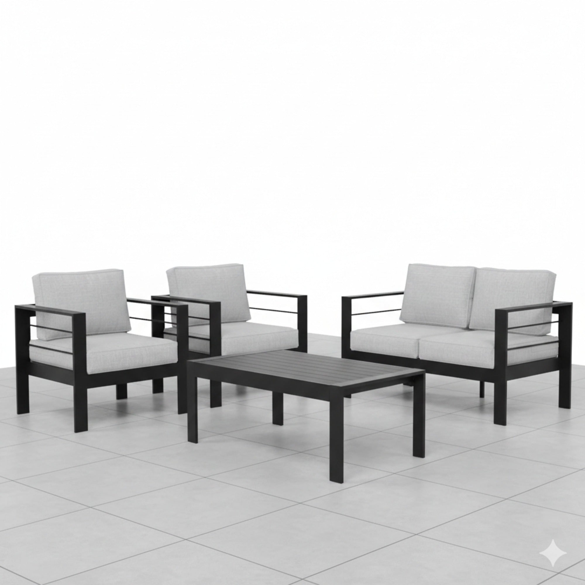 Modern 4-Piece Aluminum Patio Conversation Set with Light Gray Cushions, Black Frame, and Wood-Look Coffee Table