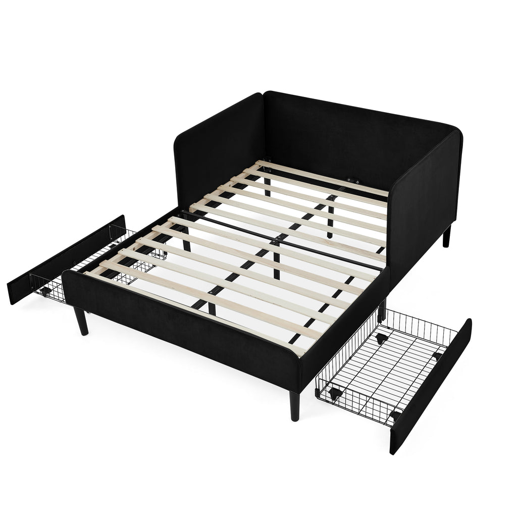 Black Velvet Upholstered Platform Bed Frame with 2 Storage Drawers and Adjustable Sofa Bed, Full Size - Grand Goldman Shop