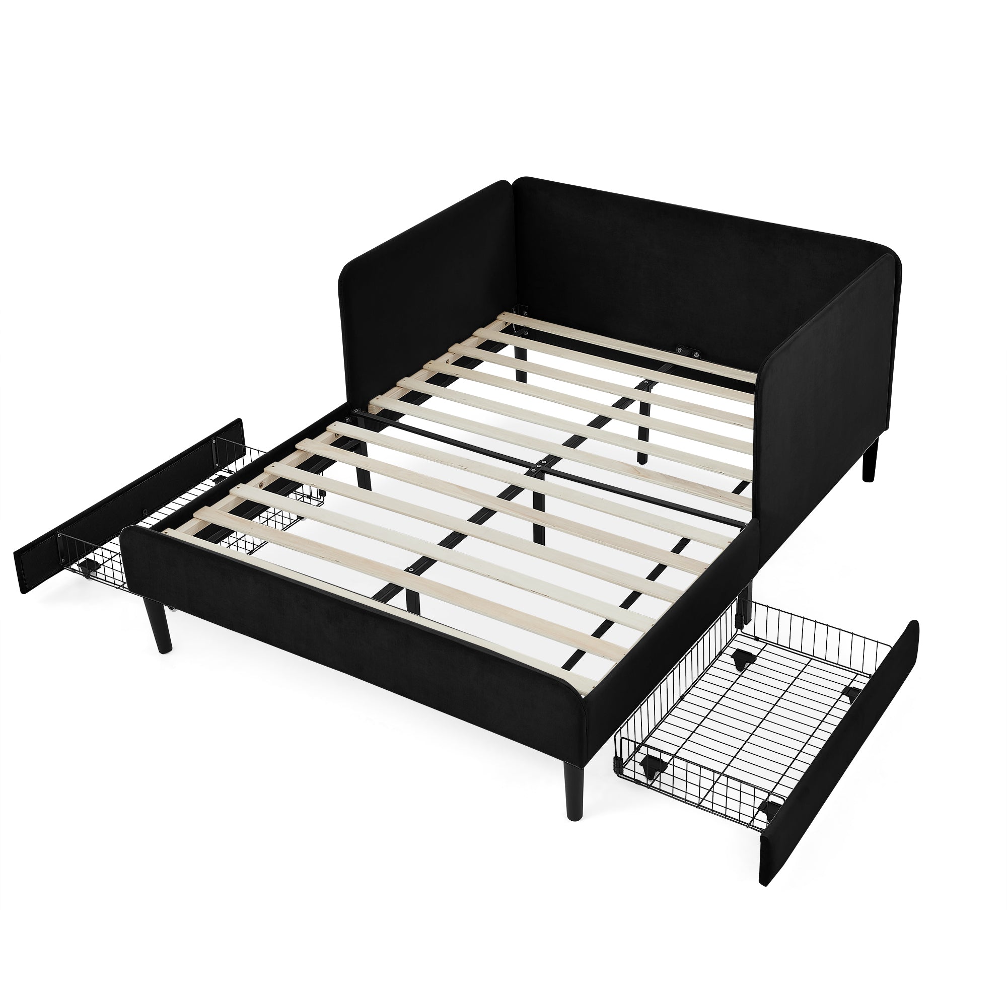 Black Velvet Upholstered Platform Bed Frame with 2 Storage Drawers and Adjustable Sofa Bed, Full Size - Grand Goldman Shop