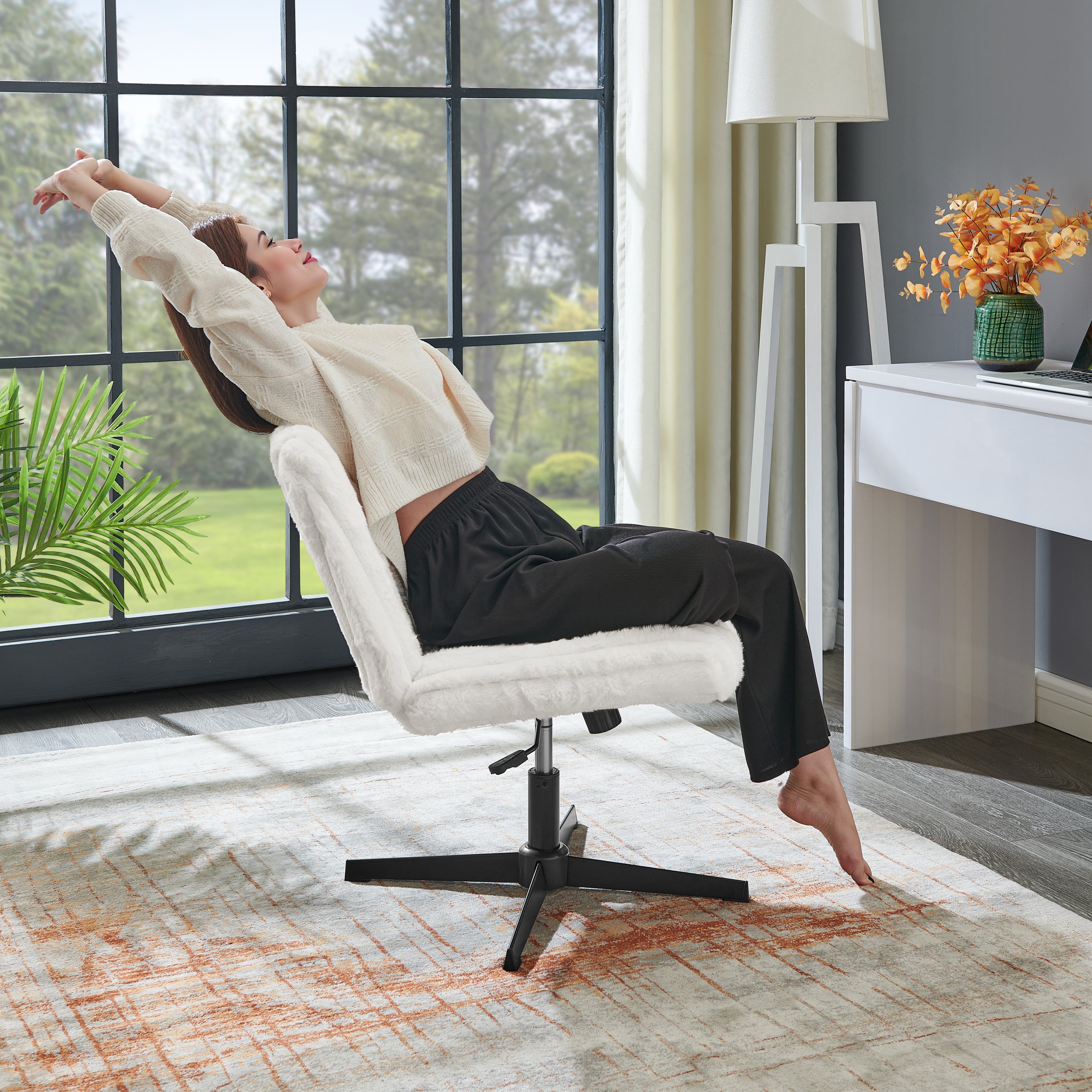 Blynn Adjustable Swivel Criss Cross Chair, Wide Seat Office Chair Vanity Chair, Cream White - Grand Goldman