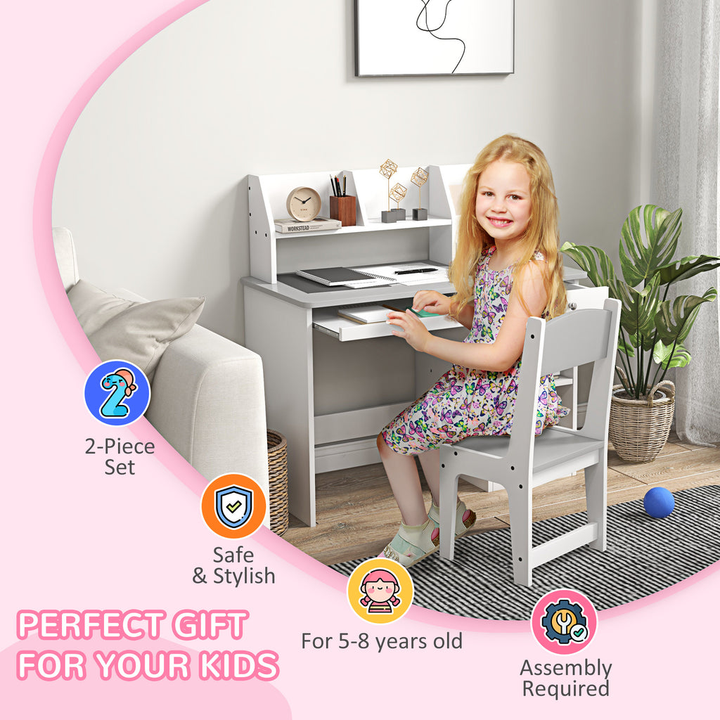 Qaba Kids Desk and Chair Set with Storage, Study Desk with Chair for Children 5-8 Years Old, Gray - Grand Goldman