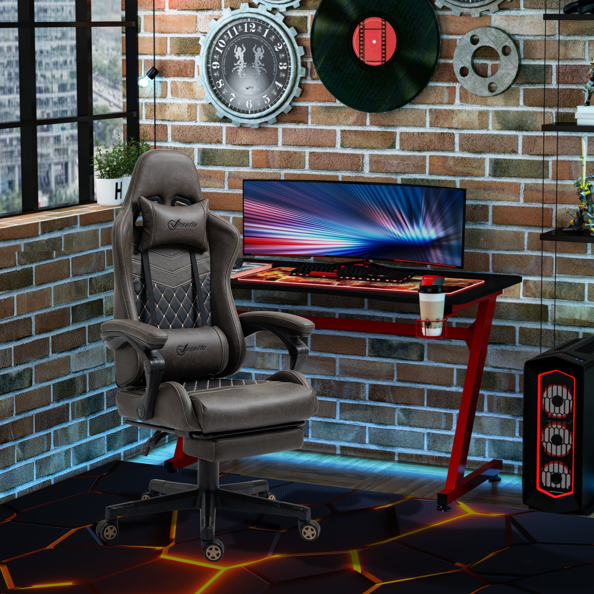 Vinsetto Racing Gaming Chair Diamond PU Leather Office Gamer Chair High Back Swivel Recliner with Footrest, Lumbar Support, A