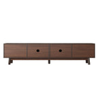 Mid Century Modern TV Stand for 80' TVs with Sliding Doors and Drawers, Dark Brown Rattan Accent Storage Unit in Solid Wood and MDF, 70.87' L x 15.35' W x 18.11' H - Grand Goldman Shop