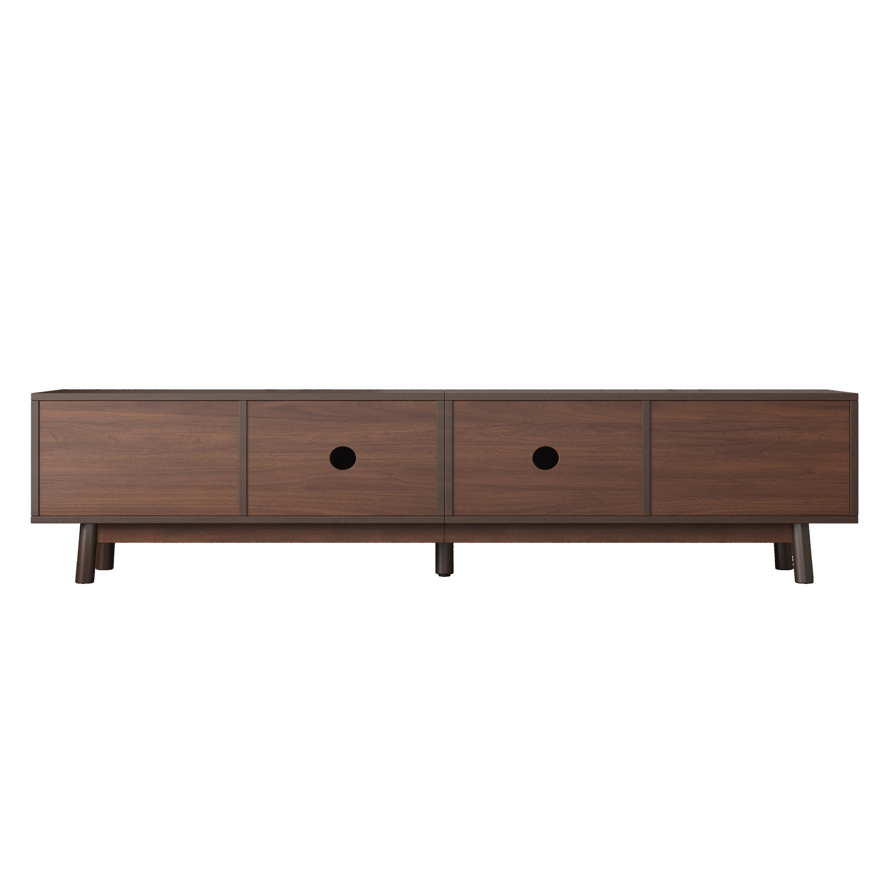 Mid Century Modern TV Stand for 80' TVs with Sliding Doors and Drawers, Dark Brown Rattan Accent Storage Unit in Solid Wood and MDF, 70.87' L x 15.35' W x 18.11' H - Grand Goldman Shop