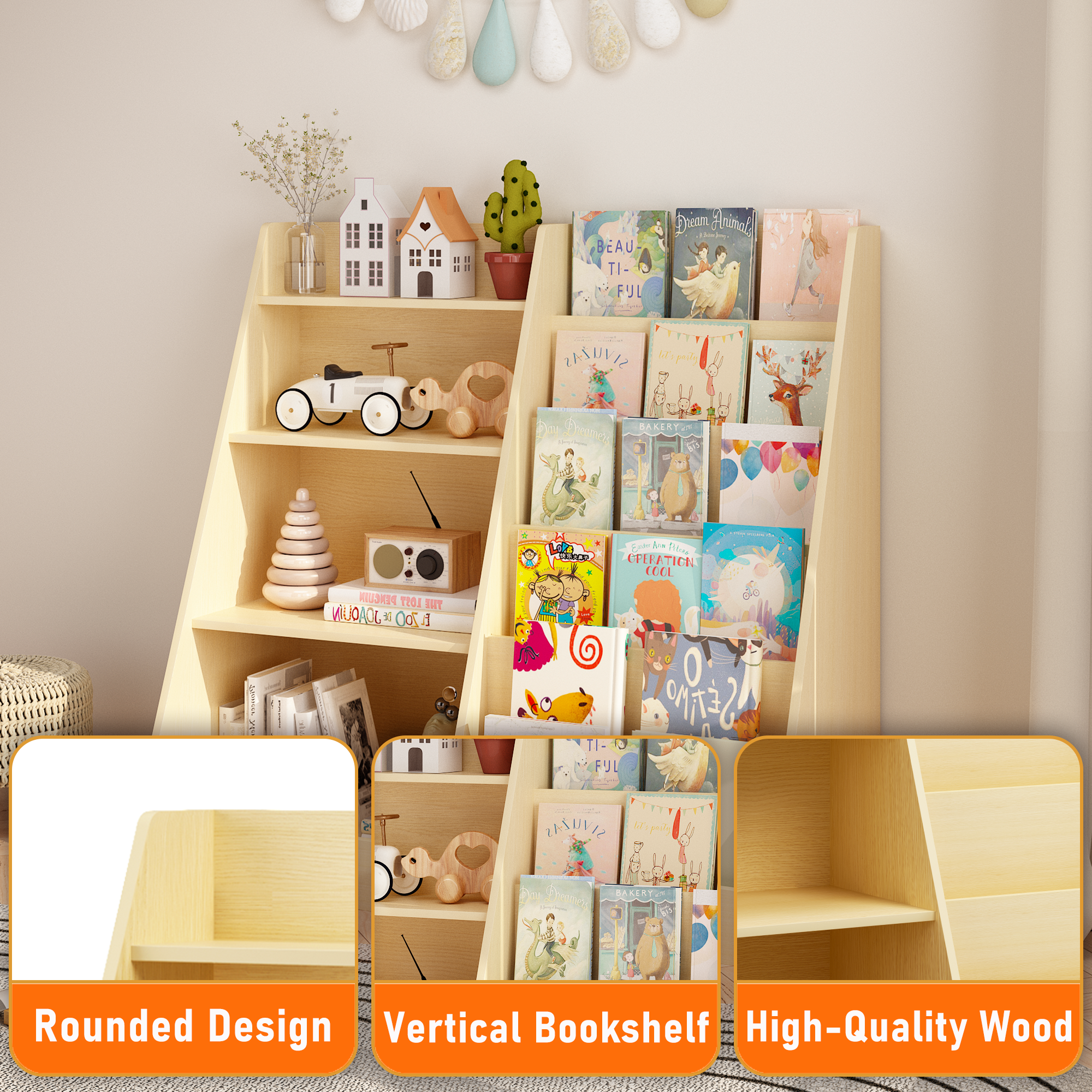 Kids Bookshelf and Toy Storage Organizer, Multifunctional 4 Tier Wooden Kids Book Shelf with  Bookcase Display Stand in Kids 