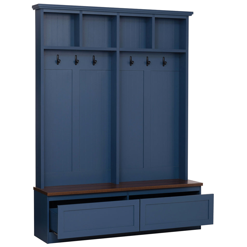 Farmhouse 4-in-1 Hall Tree with Wood Grain Bench, Mudroom Versatile Coat Rack with 2 Large Drawer, Entrance Organizer for Hallway, Living Room, Blue, 55.9'W (OLD SKU: N721P313099C) - Grand Goldman Shop