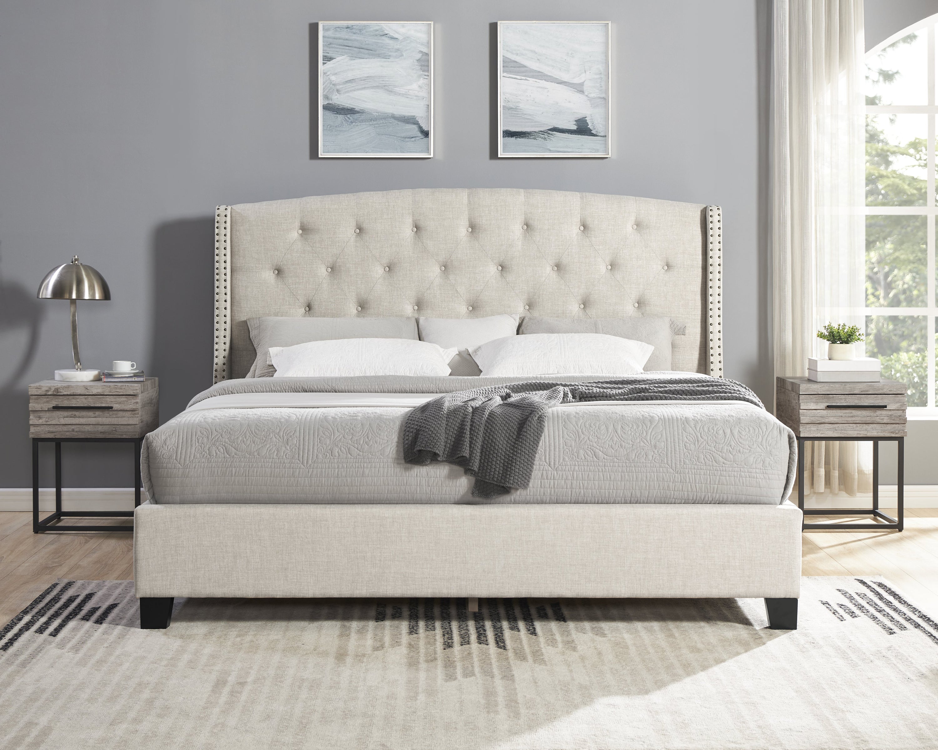 Astral 3-Piece Upholstered Bedroom Set, Tufted Wingback Bed with Two Gray Nightstands - Grand Goldman Shop