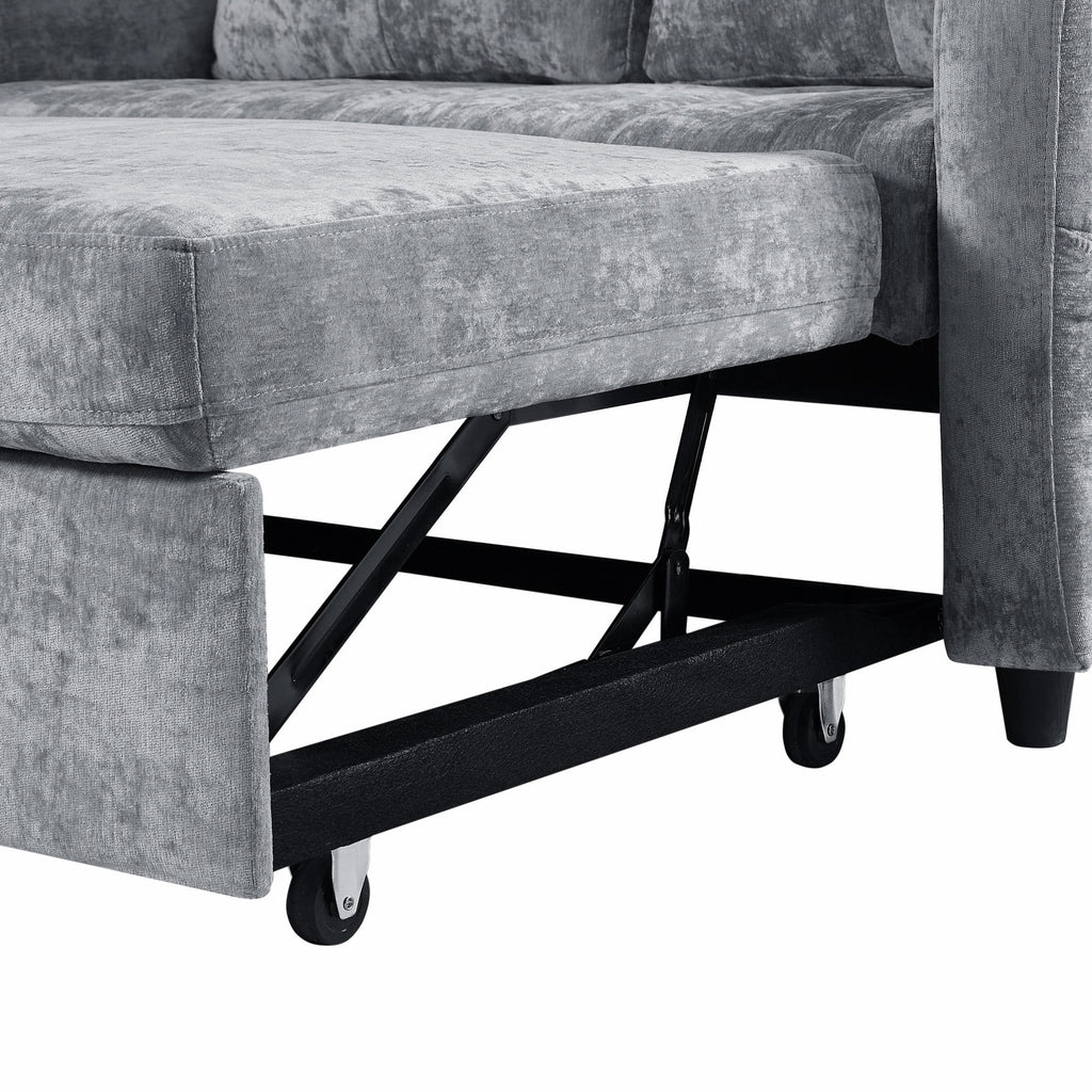 Modern Loveseat Pull-out Sofa Bed with Adjustable Backrest, Cup Holders, Phone Holder, Charging Ports, Side Storage Pockets, Grey Chenille - Grand Goldman Shop