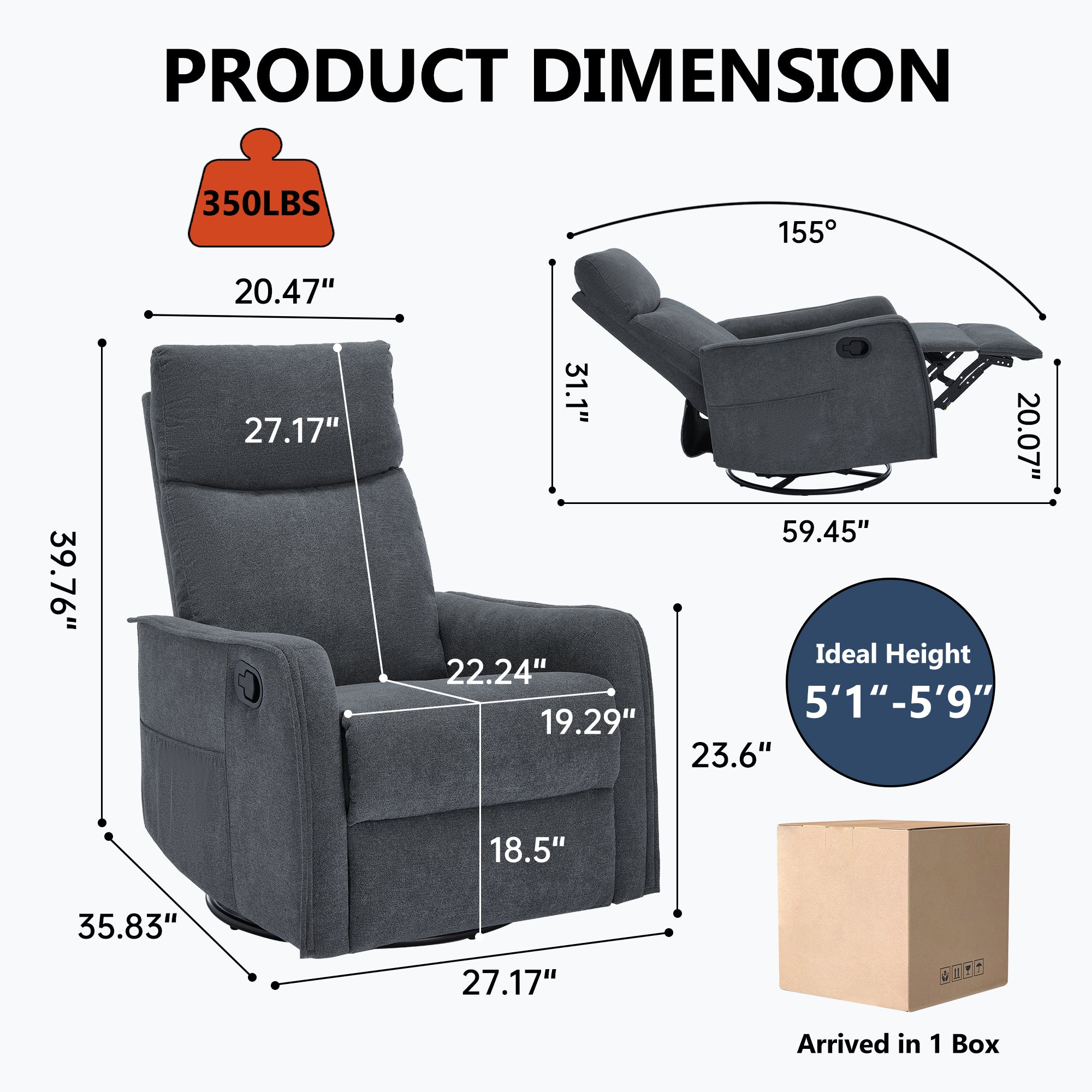 Heat Massage Manual Recliner Chair with Rocker and Swivel in Fabric for Living Room, Grey - Grand Goldman Shop