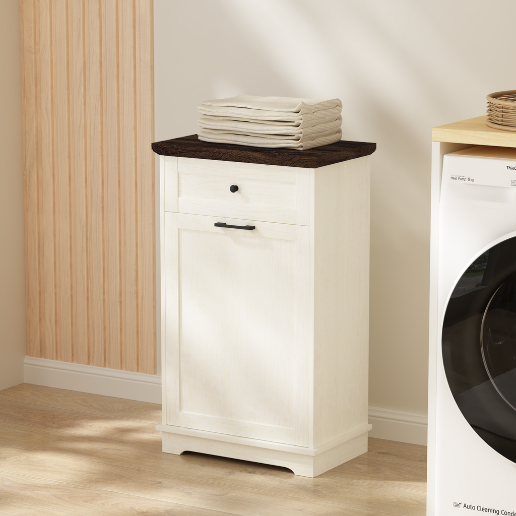 10 Gallon Tilt Out Trash Cabinet Freestanding Trash Bin Cabinet Wood Garbage Recycling Cabinet with Drawer Pet Proof Trash Can Holder for Kitchen Living Room, Antique White (Not include trash can) - Grand Goldman Shop