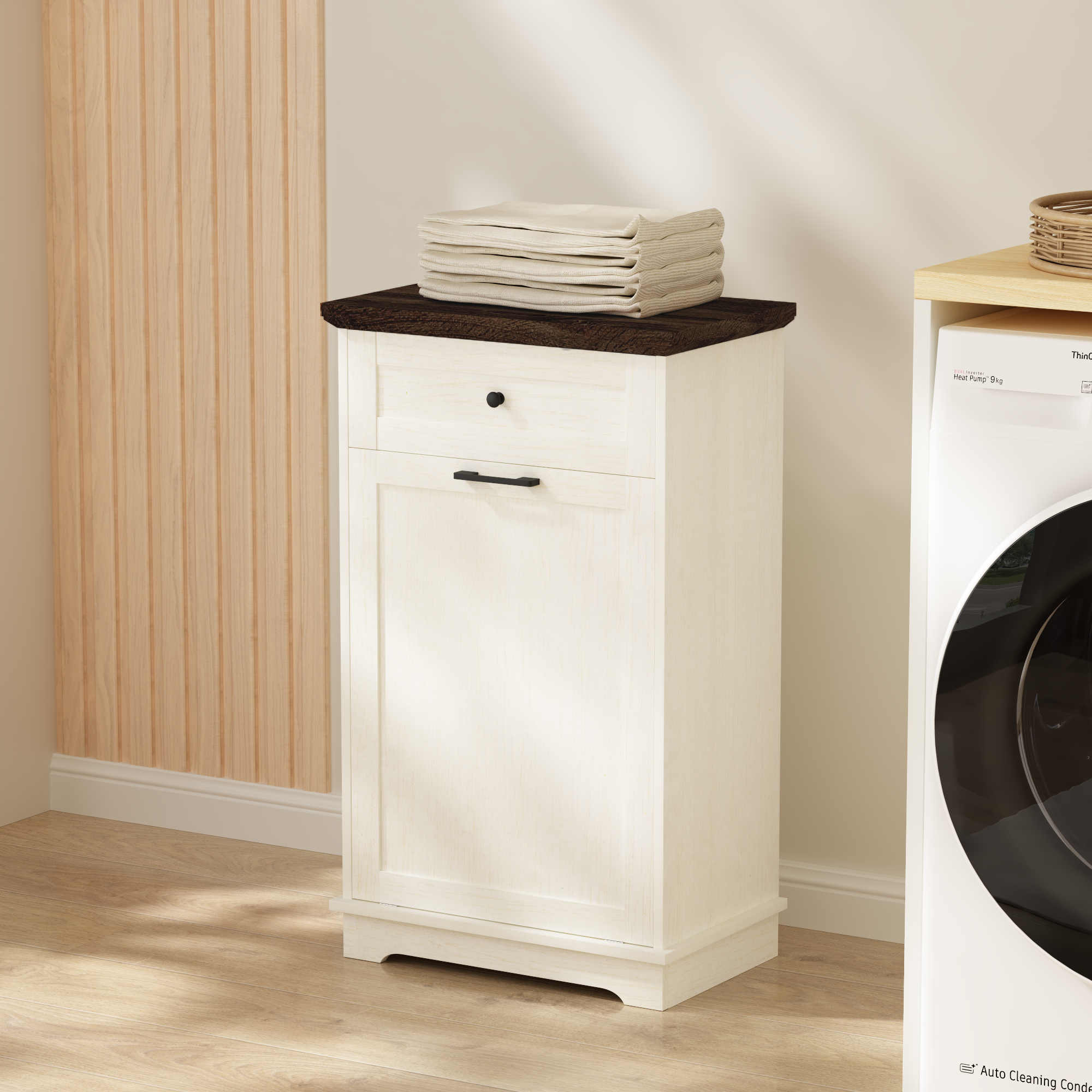 10 Gallon Tilt Out Trash Cabinet Freestanding Trash Bin Cabinet Wood Garbage Recycling Cabinet with Drawer Pet Proof Trash Can Holder for Kitchen Living Room, Antique White (Not include trash can) - Grand Goldman Shop