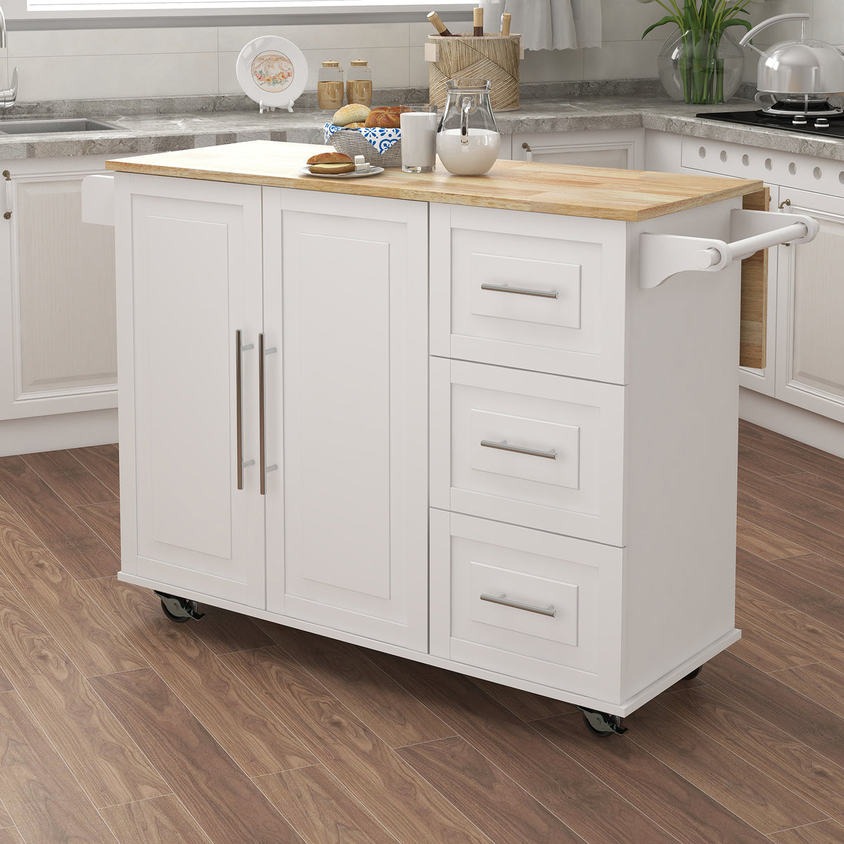 Kitchen Island with Spice Rack, Towel Rack and Extensible Solid Wood Table Top-White - Grand Goldman Shop